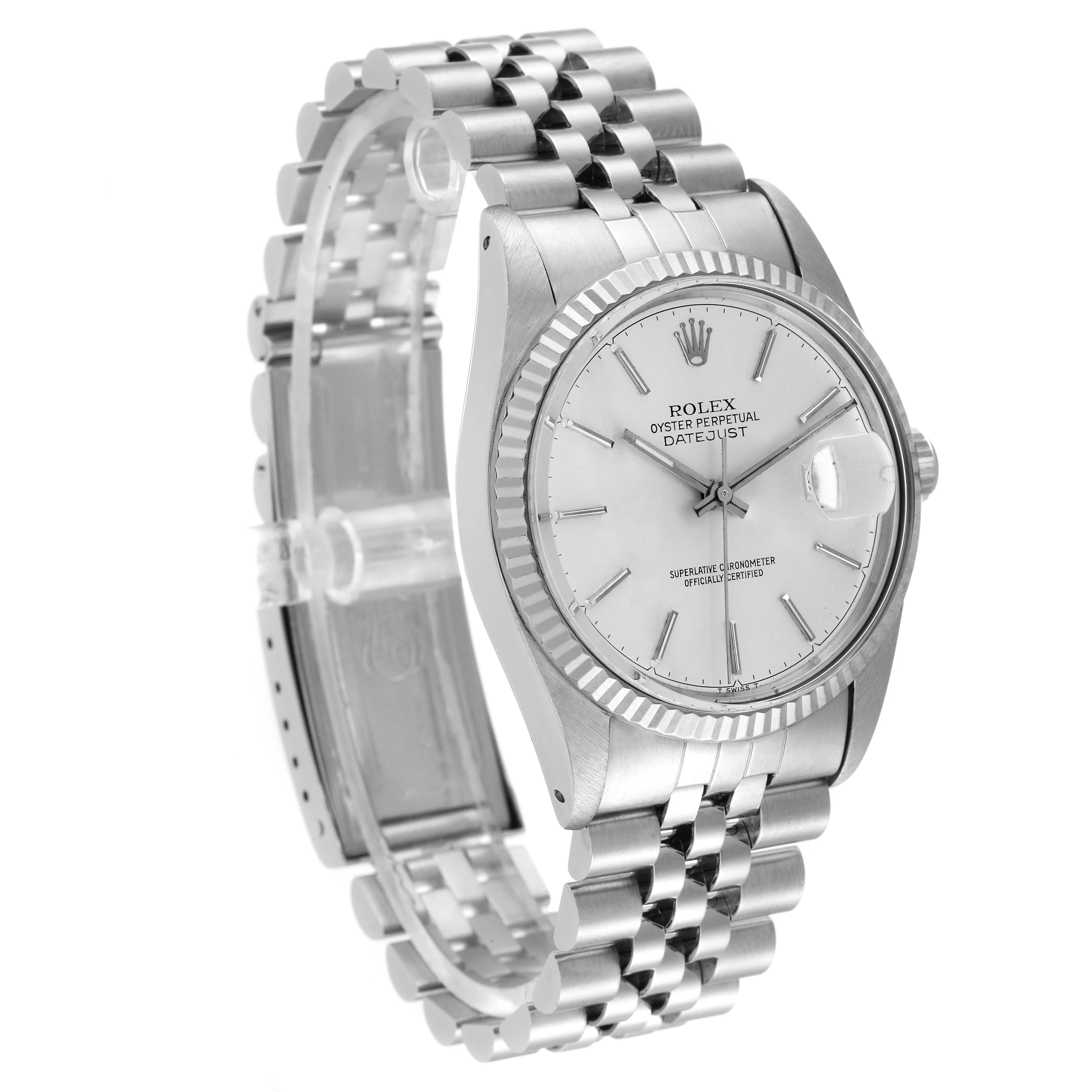 The image shows a Rolex Vintage Collection 16014 Men
s Stainless Steel Silver Dial 16014 Men
s Stainless Steel Silver Dial model Datejust watch at an angle displaying its dial, bezel, and bracelet.