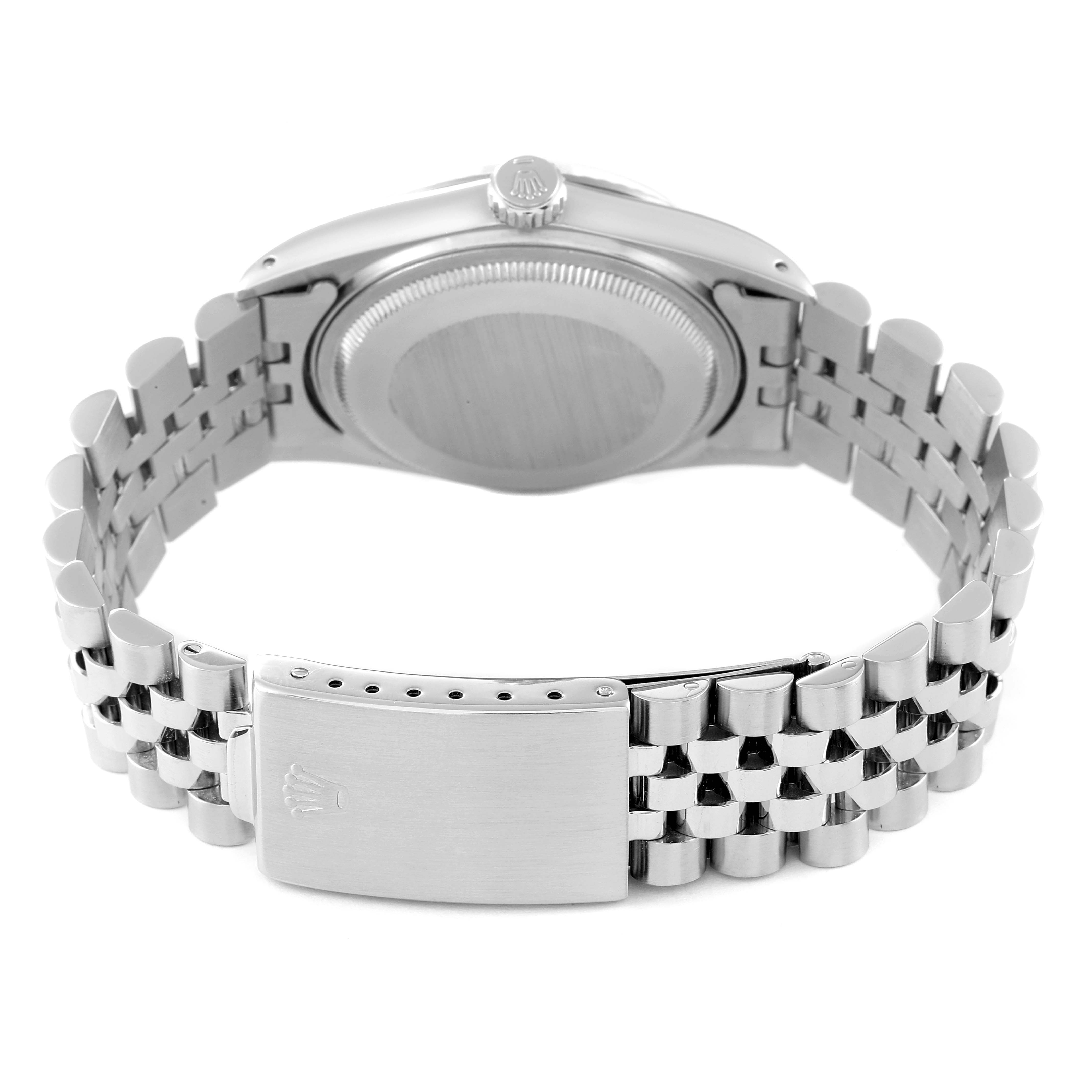 This image shows the back case, crown, and bracelet of the Rolex Vintage Collection 16014 Men
s Stainless Steel Silver Dial 16014 Men
s Stainless Steel Silver Dial watch.