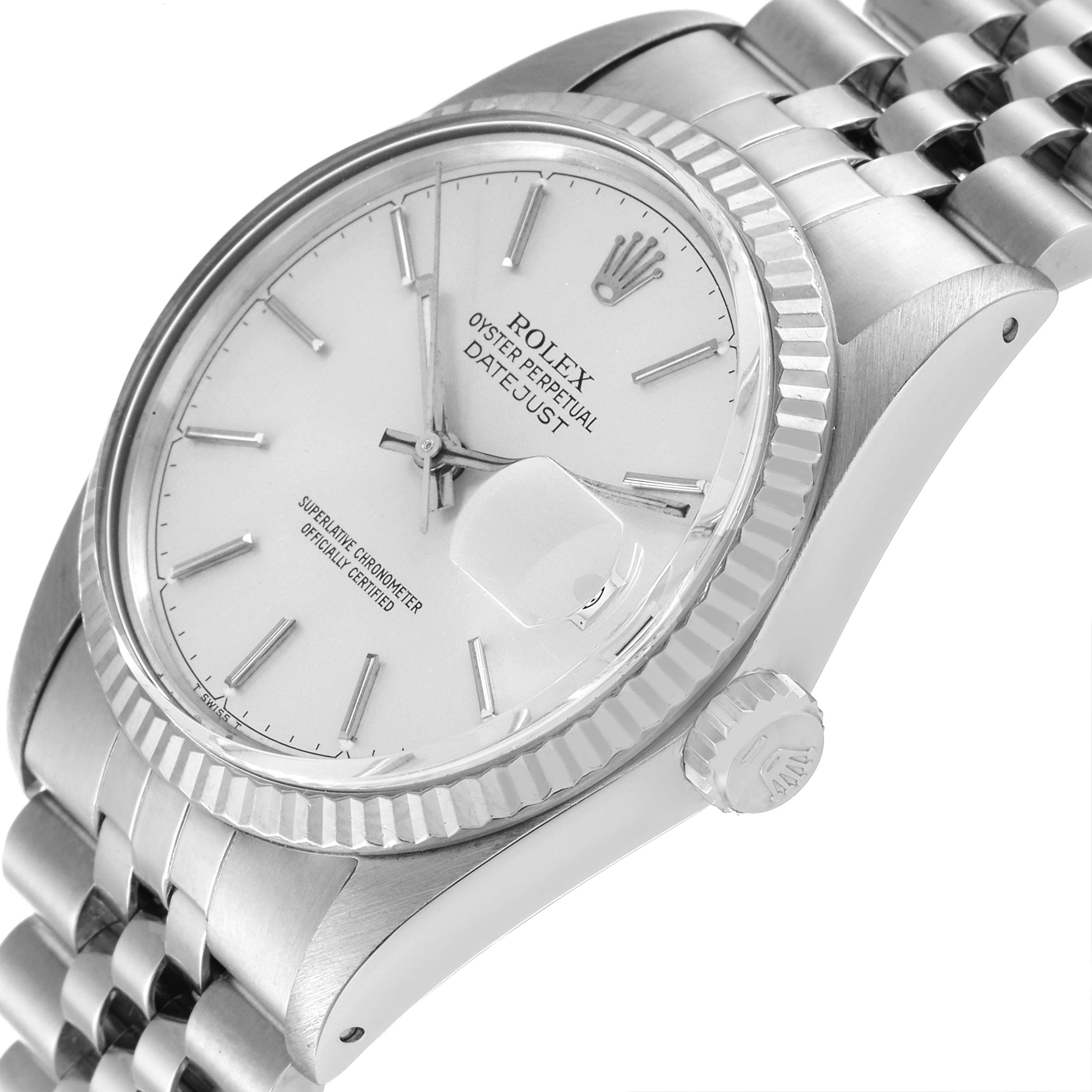 The image shows a close-up angled view of the face, bezel, crown, and part of the bracelet of the Vintage Collection Rolex Datejust.