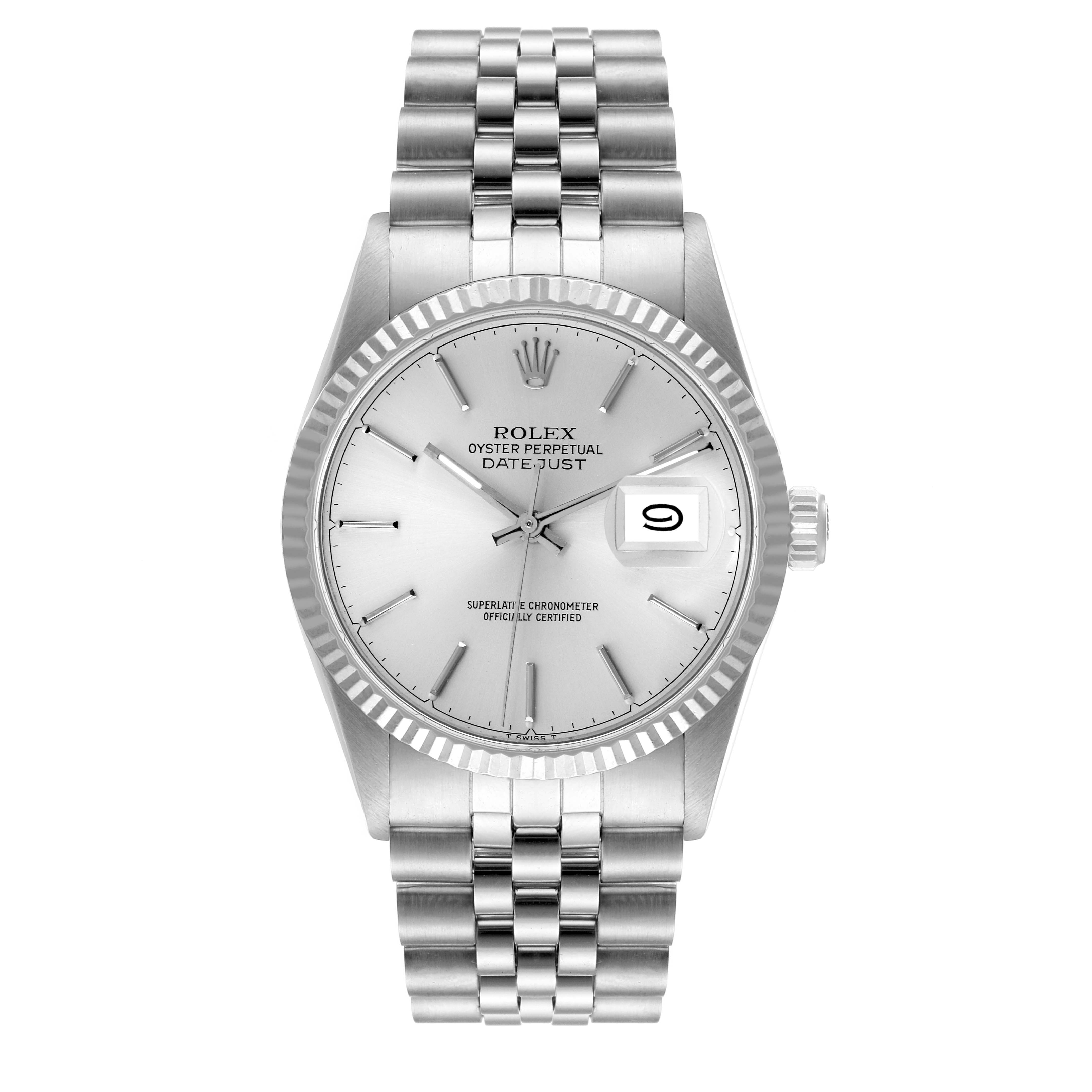 This image shows a front view of a Rolex Oyster Perpetual Datejust Vintage Collection watch, highlighting the dial, bezel, and bracelet.