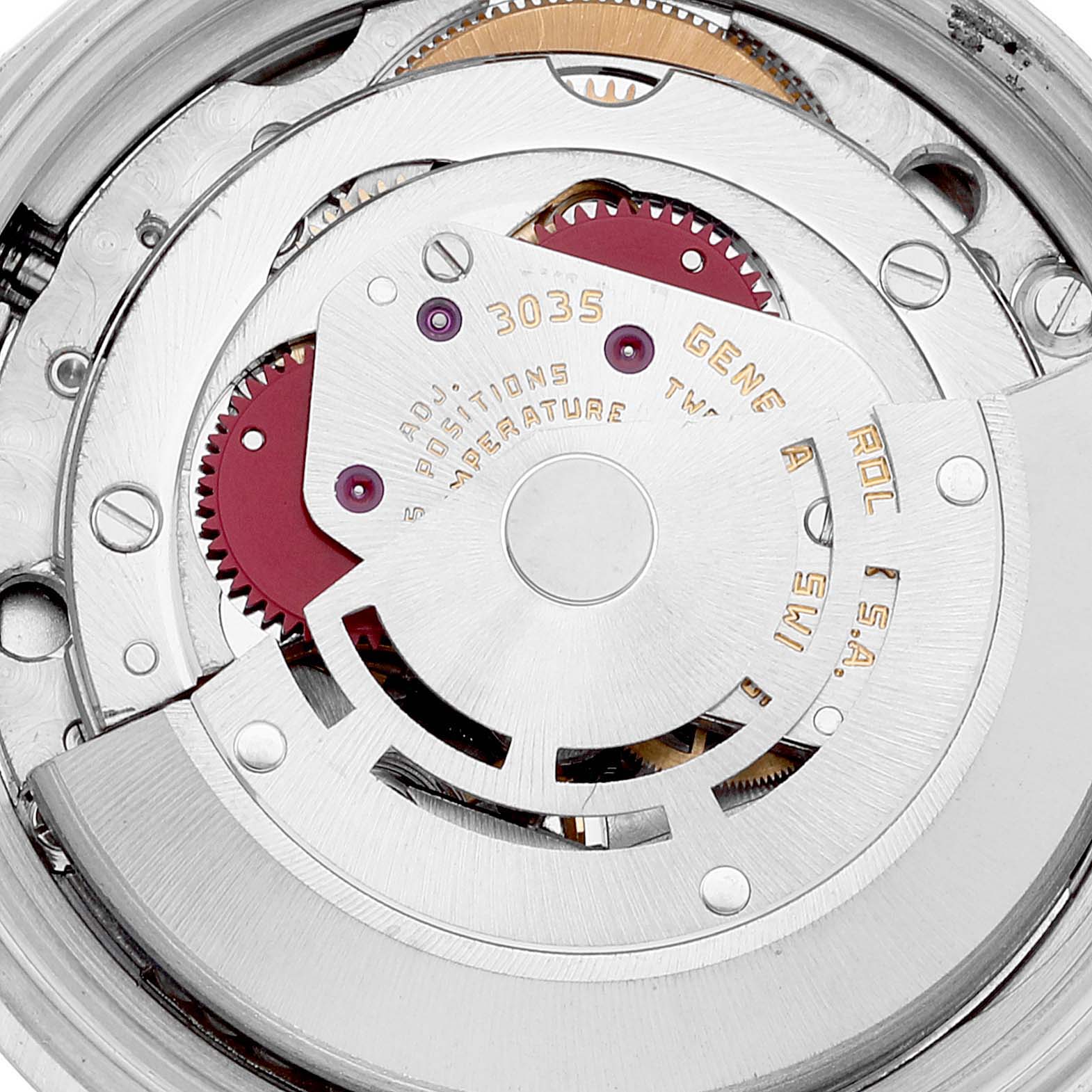 This image shows the intricate internal mechanism of the Rolex Vintage Collection 16014 Men
s Stainless Steel Silver Dial 16014 Men
s Stainless Steel Silver Dial model 3035, viewed from the back.