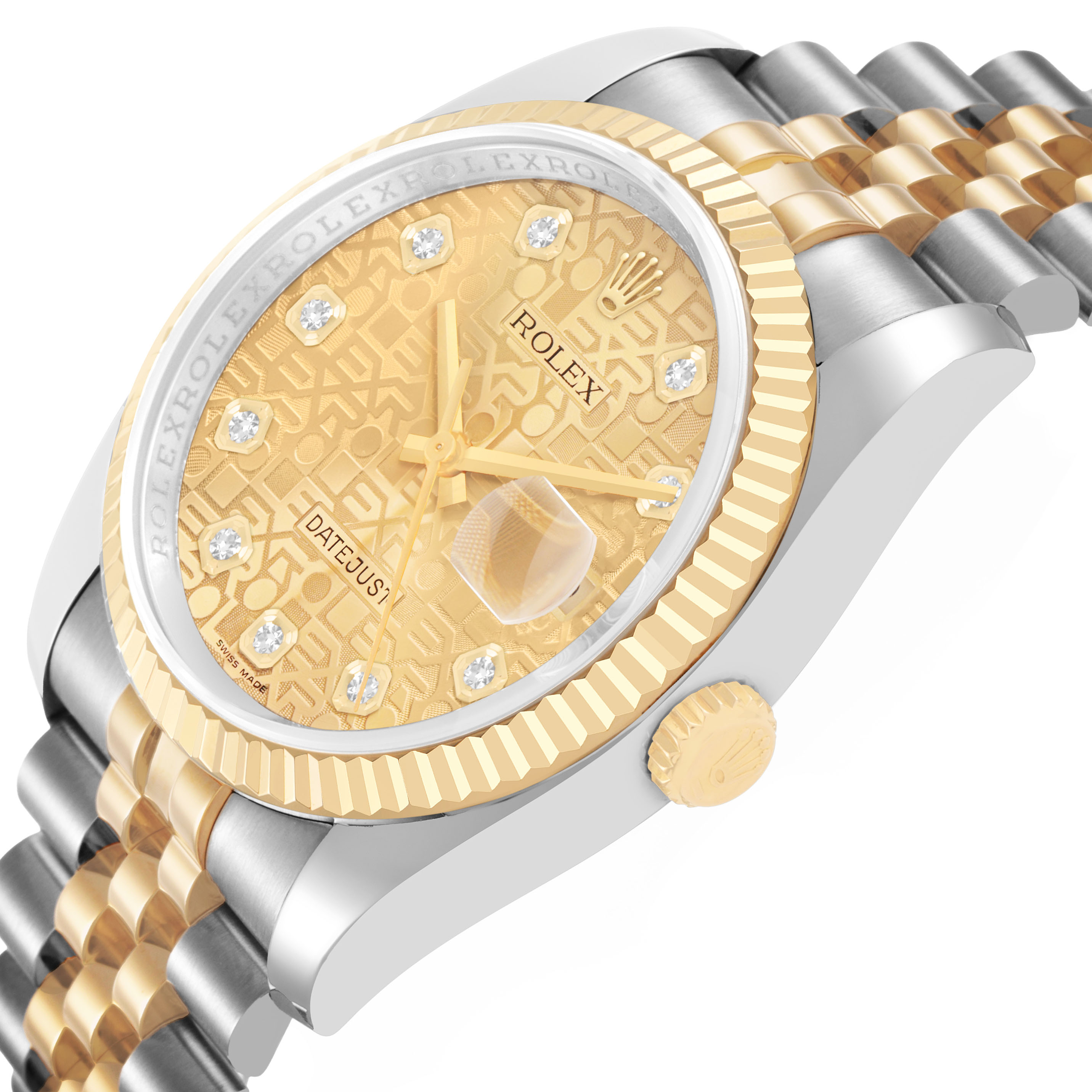 The image shows a side angle of the Rolex Datejust 116233 Men's Steel and Gold (two tone) Champagne Dial, highlighting the gold and silver bezel, case, dial, and Jubilee bracelet.