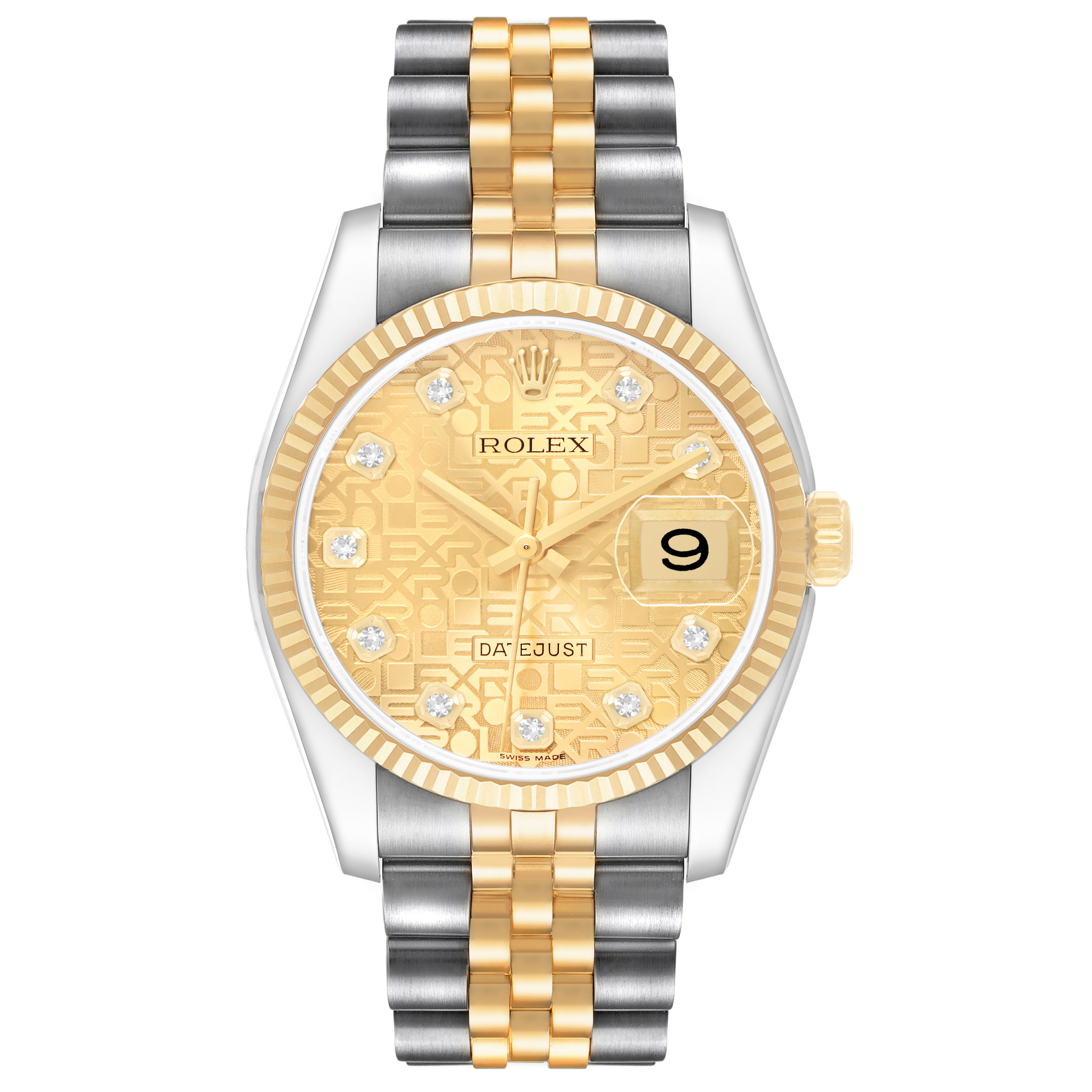 The Rolex Datejust 116233 Men's Steel and Gold (two tone) Champagne Dial watch is shown from the front, featuring its gold dial, fluted bezel, and two-tone bracelet.