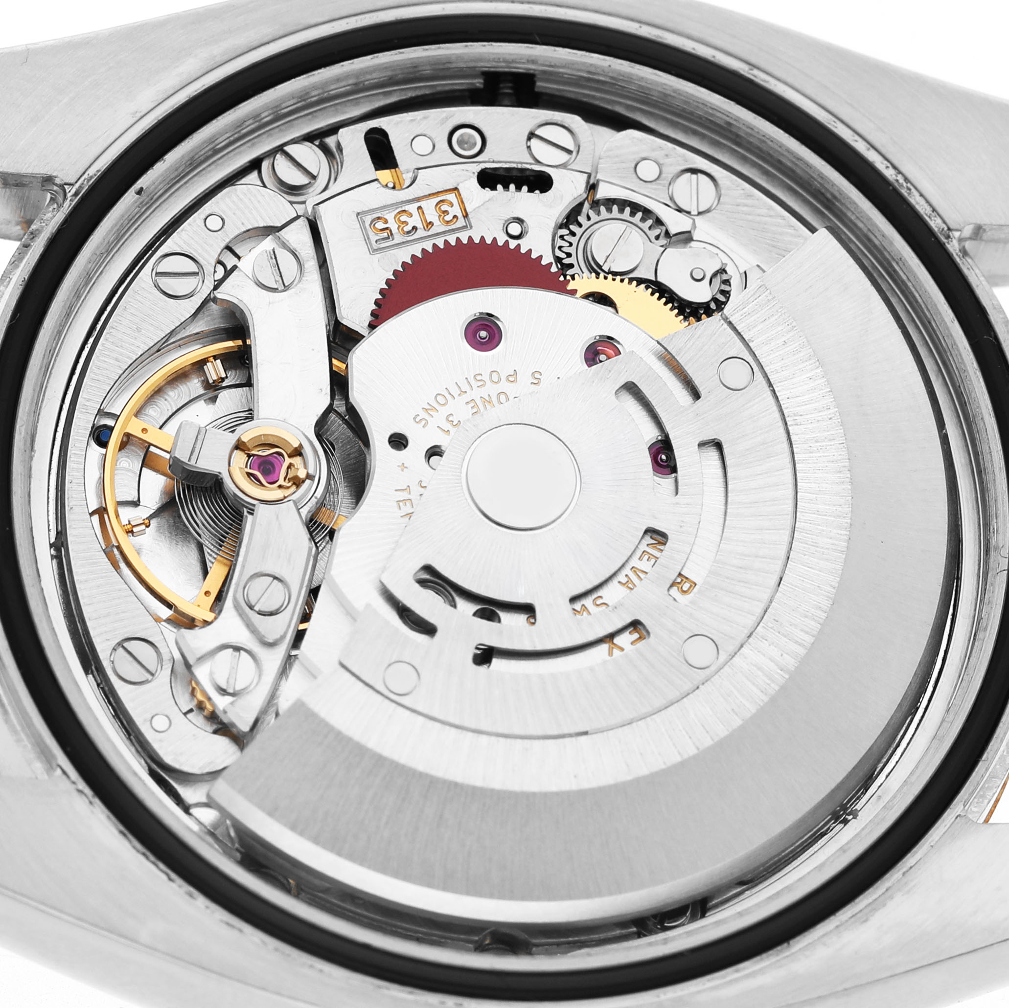 The image shows the movement of a Rolex Datejust 116233 Men's Steel and Gold (two tone) Champagne Dial watch from the back, revealing gears and the winding rotor.