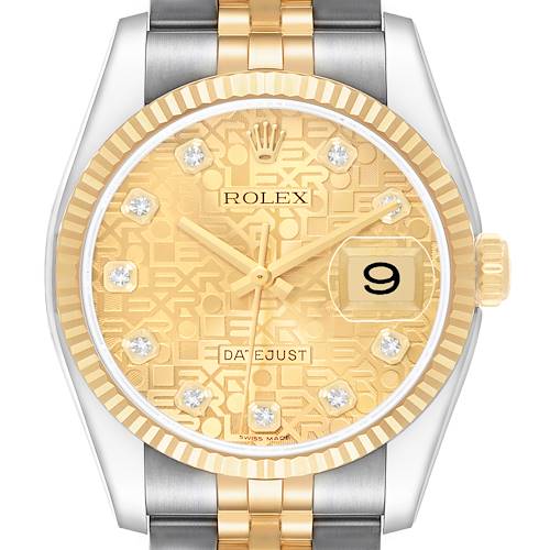 The Rolex Datejust 116233 Men's Steel and Gold (two tone) Champagne Dial watch is shown from the front, highlighting its gold dial, diamond markers, bezel, crown, and part of the bracelet.