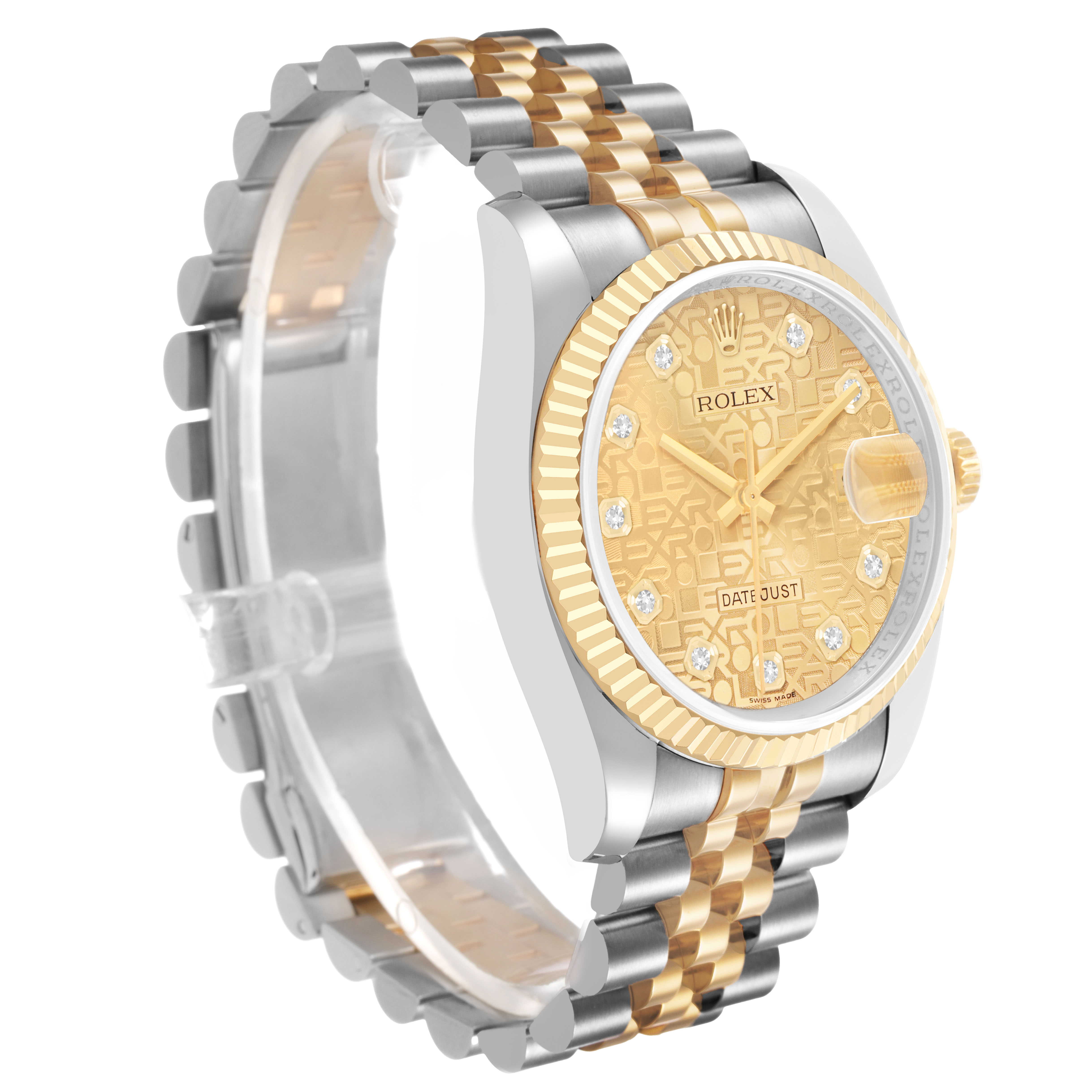 The Rolex Datejust 116233 Men's Steel and Gold (two tone) Champagne Dial watch is shown at a three-quarter angle, highlighting the bracelet, dial, and bezel.