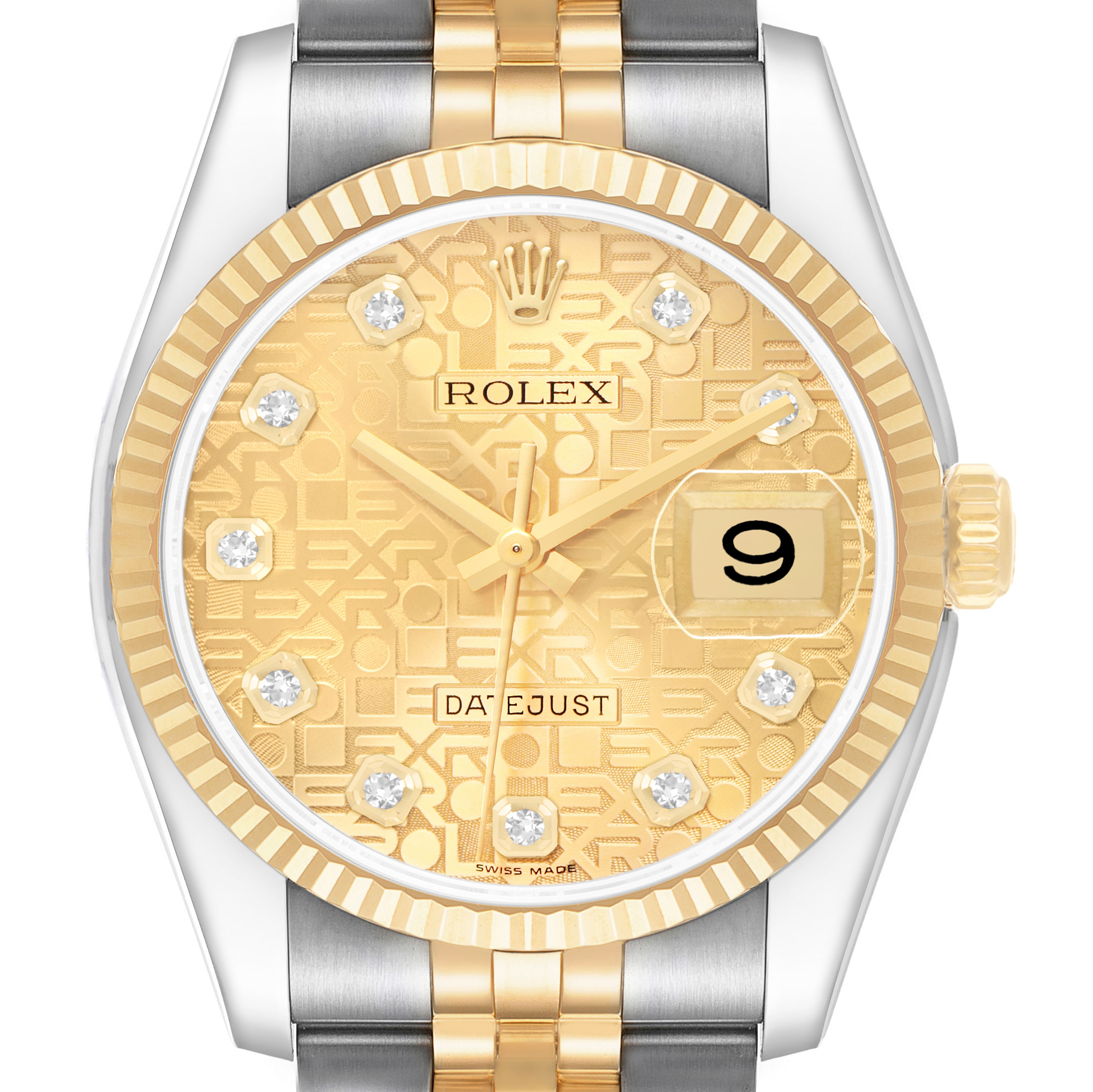 The Rolex Datejust 116233 Men's Steel and Gold (two tone) Champagne Dial watch is shown from the front, highlighting the gold patterned dial, diamond markers, fluted bezel, and two-tone bracelet.