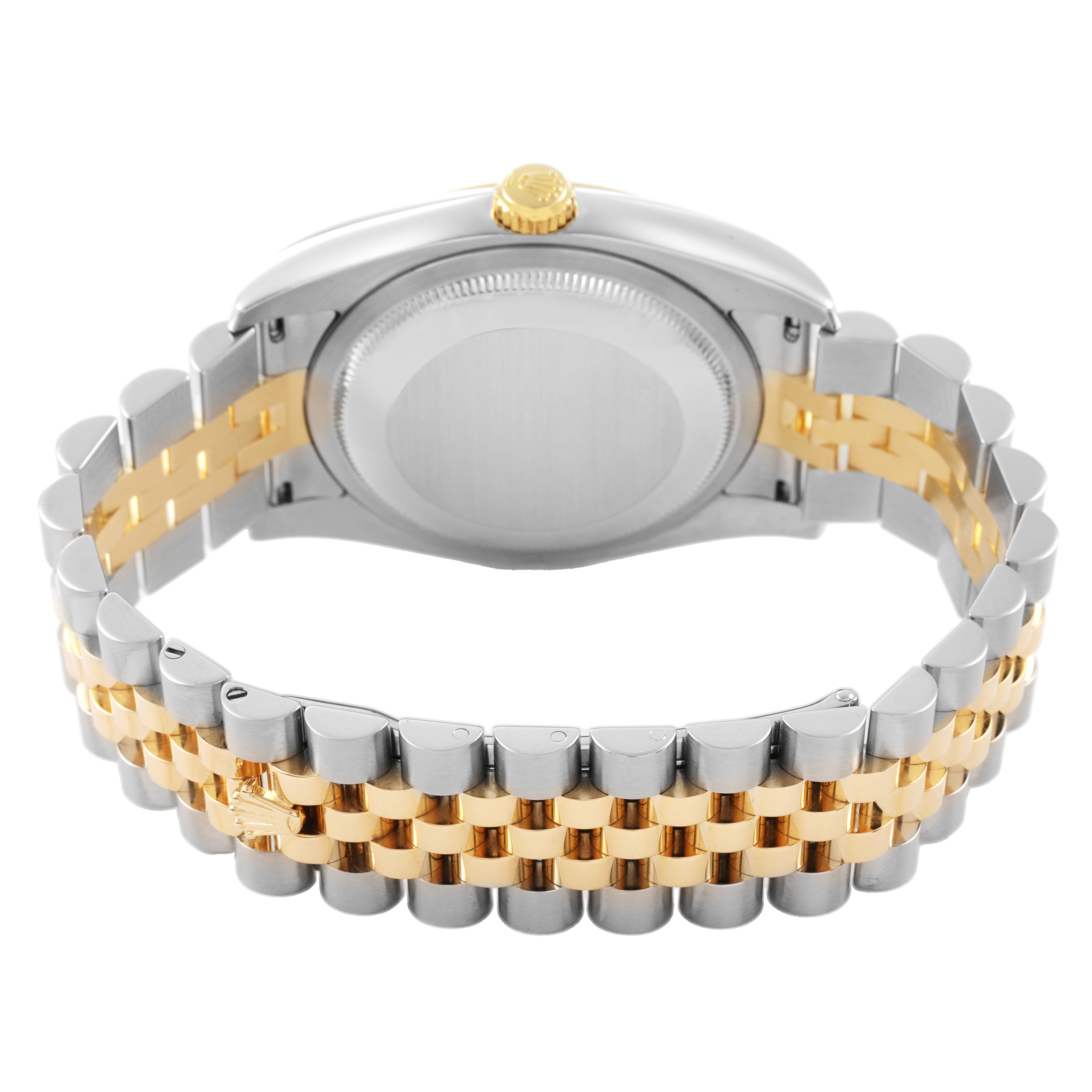 The image shows the back and bracelet of a Rolex Datejust 116233 Men's Steel and Gold (two tone) Champagne Dial watch, featuring a two-tone metal design.