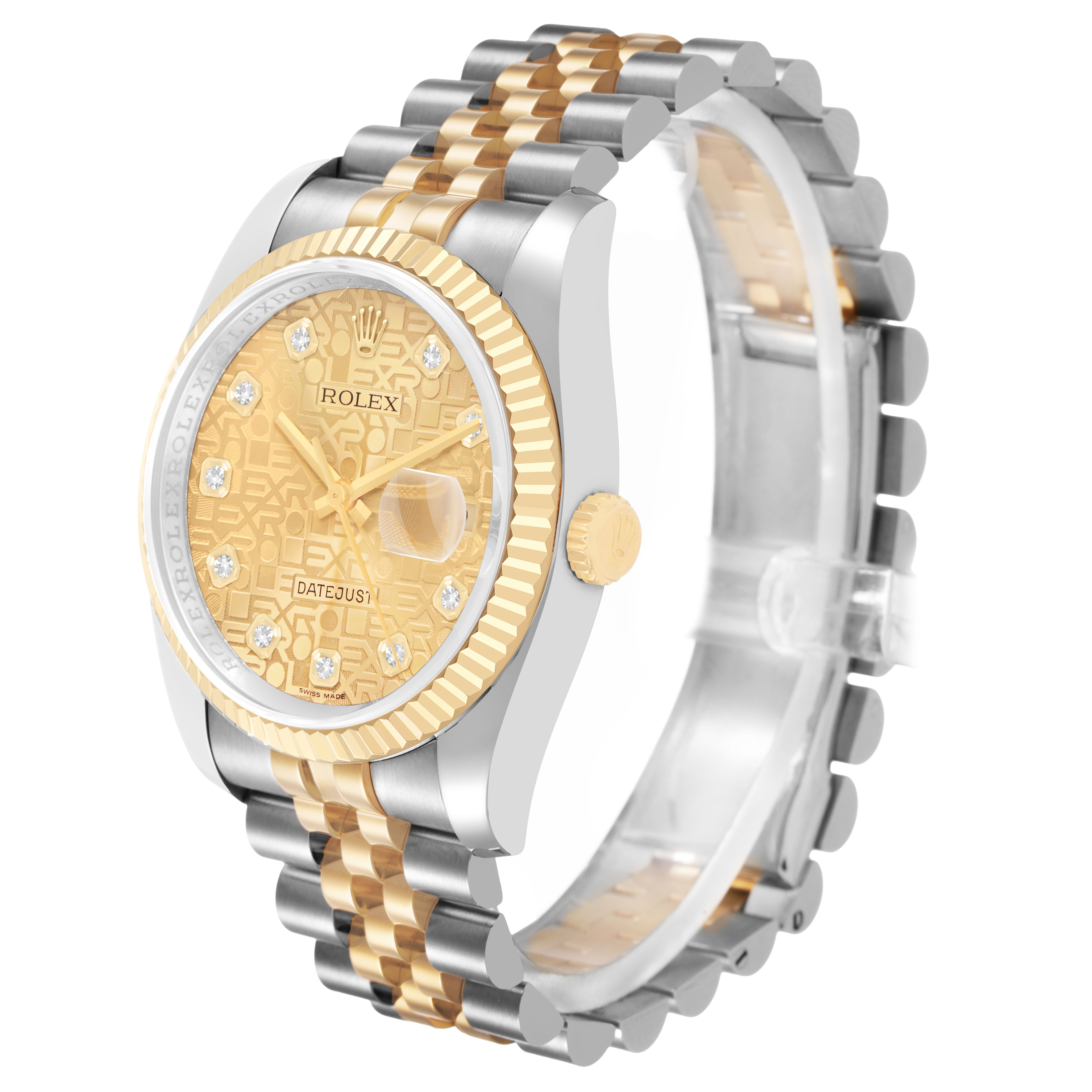 The Rolex Datejust 116233 Men's Steel and Gold (two tone) Champagne Dial watch is shown at an angled side view, displaying its bezel, face, and full bracelet.