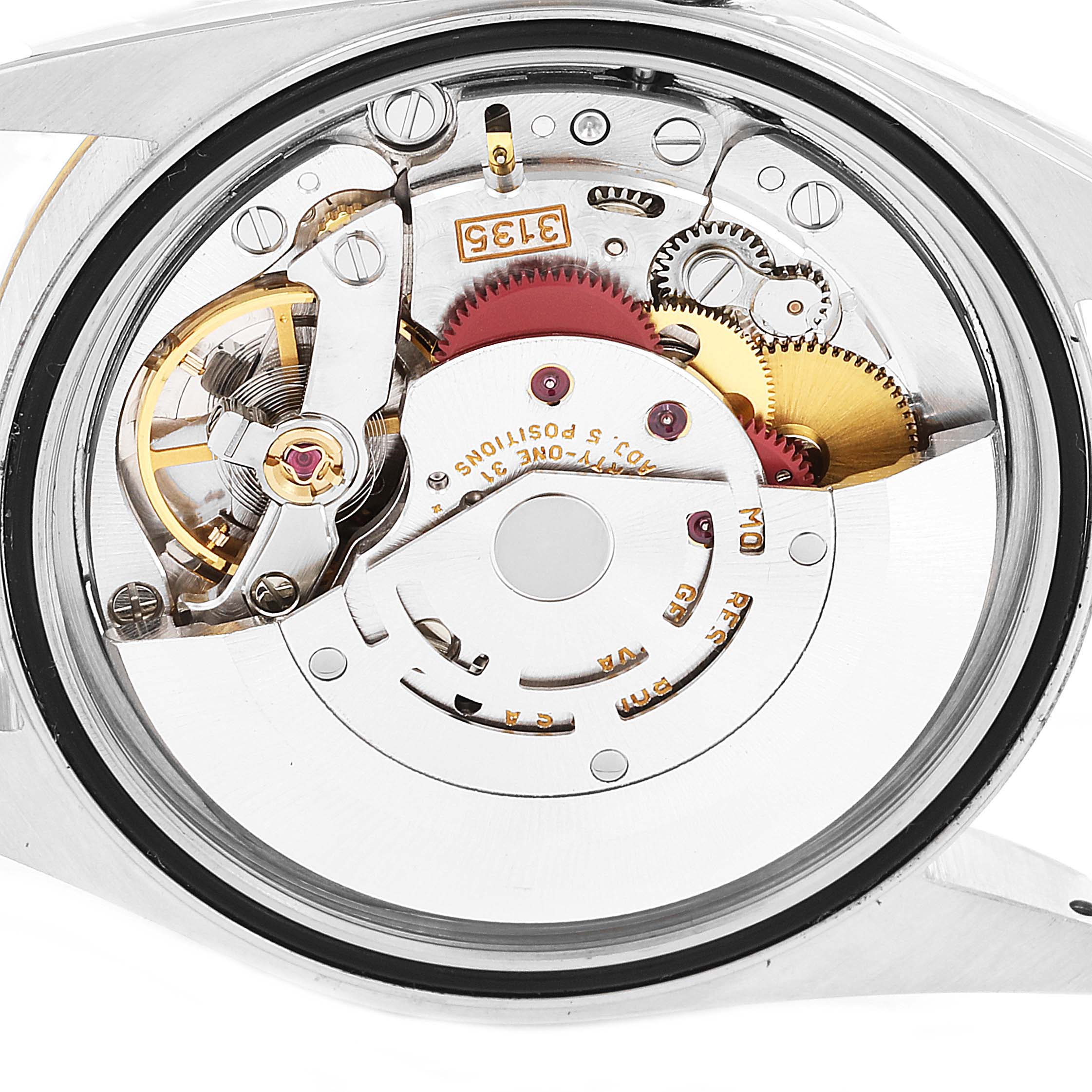 This image shows the movement mechanism of a Rolex Datejust 16233 Men's Steel and Gold (two tone) Champagne Dial 16233 Men's Steel and Gold (two tone) Champagne Dial watch from a back angle.