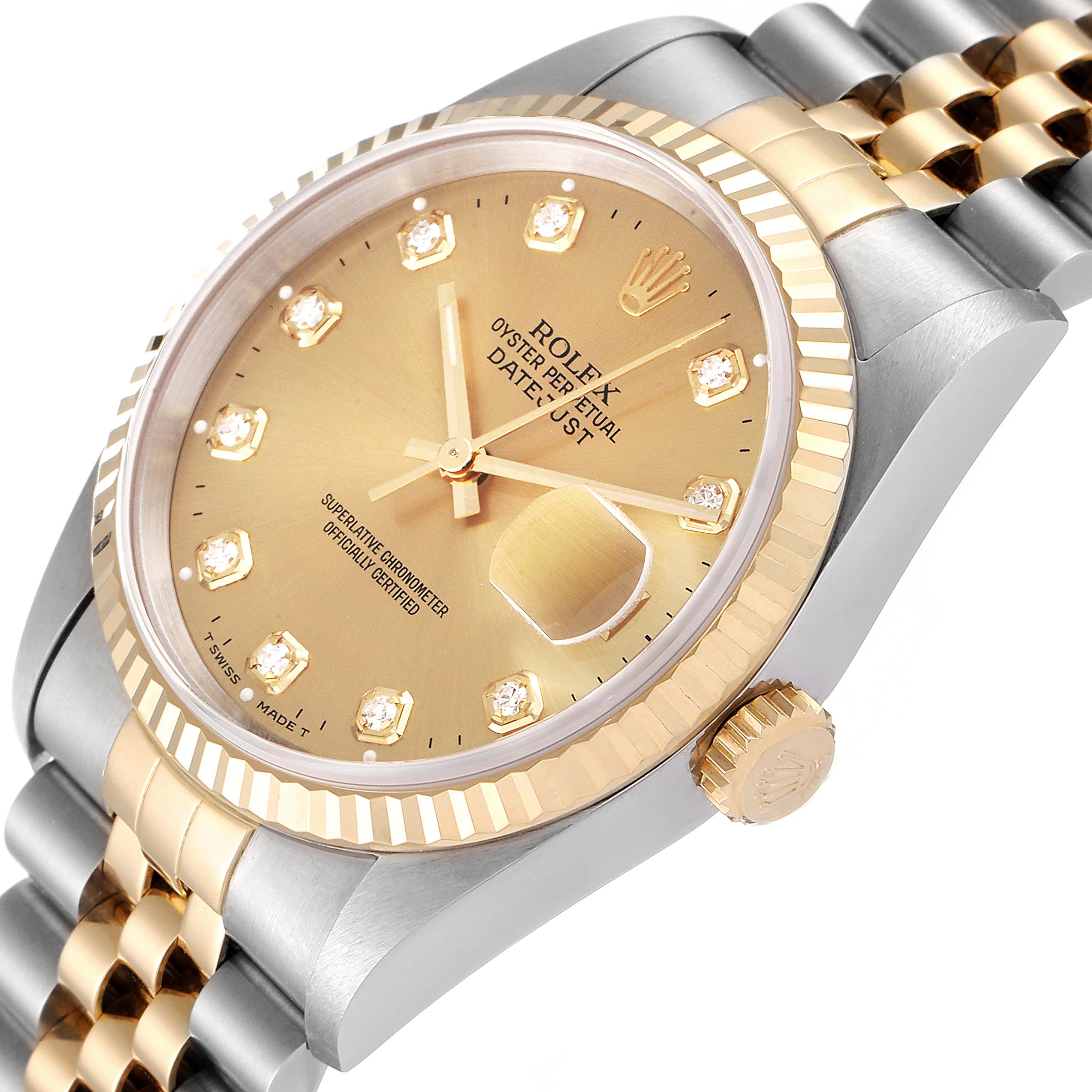 The image shows a close-up angle of the Rolex Datejust 16233 Men's Steel and Gold (two tone) Champagne Dial 16233 Men's Steel and Gold (two tone) Champagne Dial watch, highlighting the gold dial, diamond hour markers, fluted bezel, crown, and two-tone bracelet.