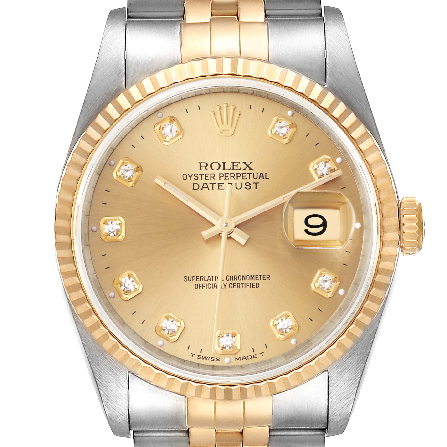 The image shows the face, bezel, and part of the bracelet of a Rolex Datejust 16233 Men's Steel and Gold (two tone) Champagne Dial 16233 Men's Steel and Gold (two tone) Champagne Dial watch, featuring a gold dial with diamond hour markers.