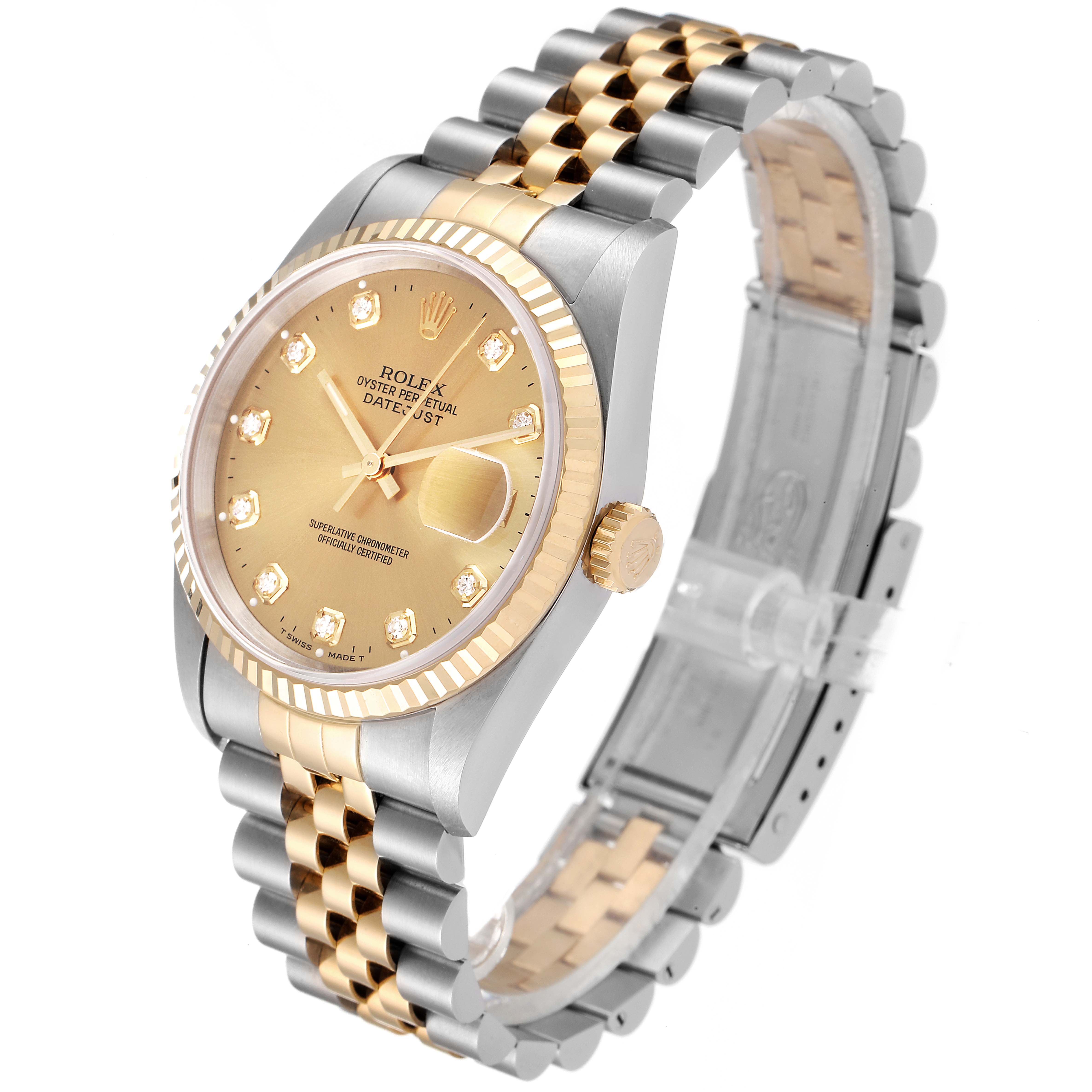 The Rolex Datejust 16233 Men's Steel and Gold (two tone) Champagne Dial 16233 Men's Steel and Gold (two tone) Champagne Dial watch is shown at a 3/4 angle, highlighting the gold and silver bracelet and the champagne dial with diamond markers.