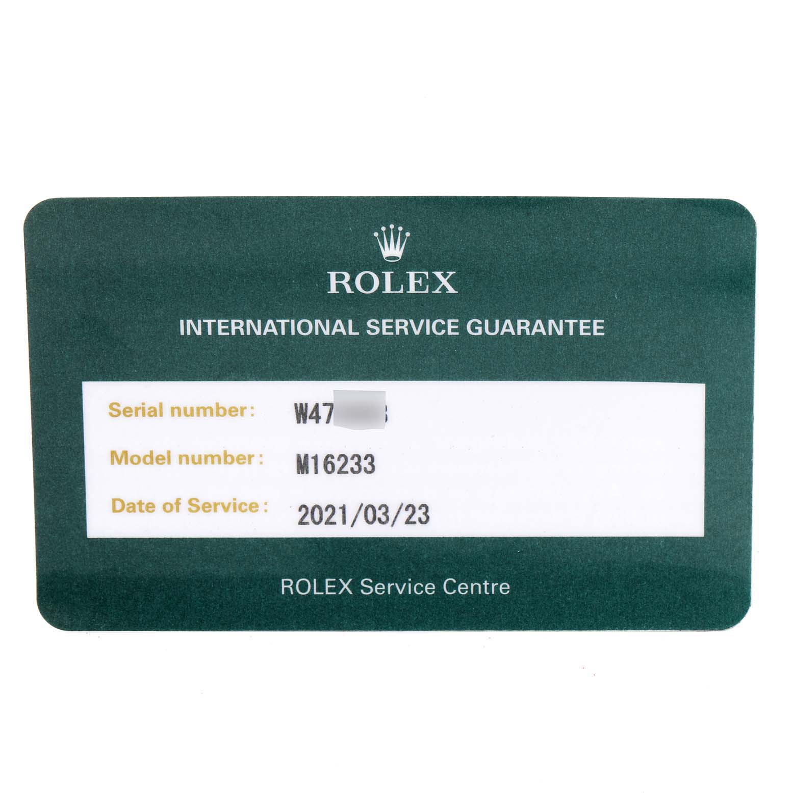 This image shows a Rolex Service Guarantee card for a Datejust model M16233 with a service date of 2021/03/23.