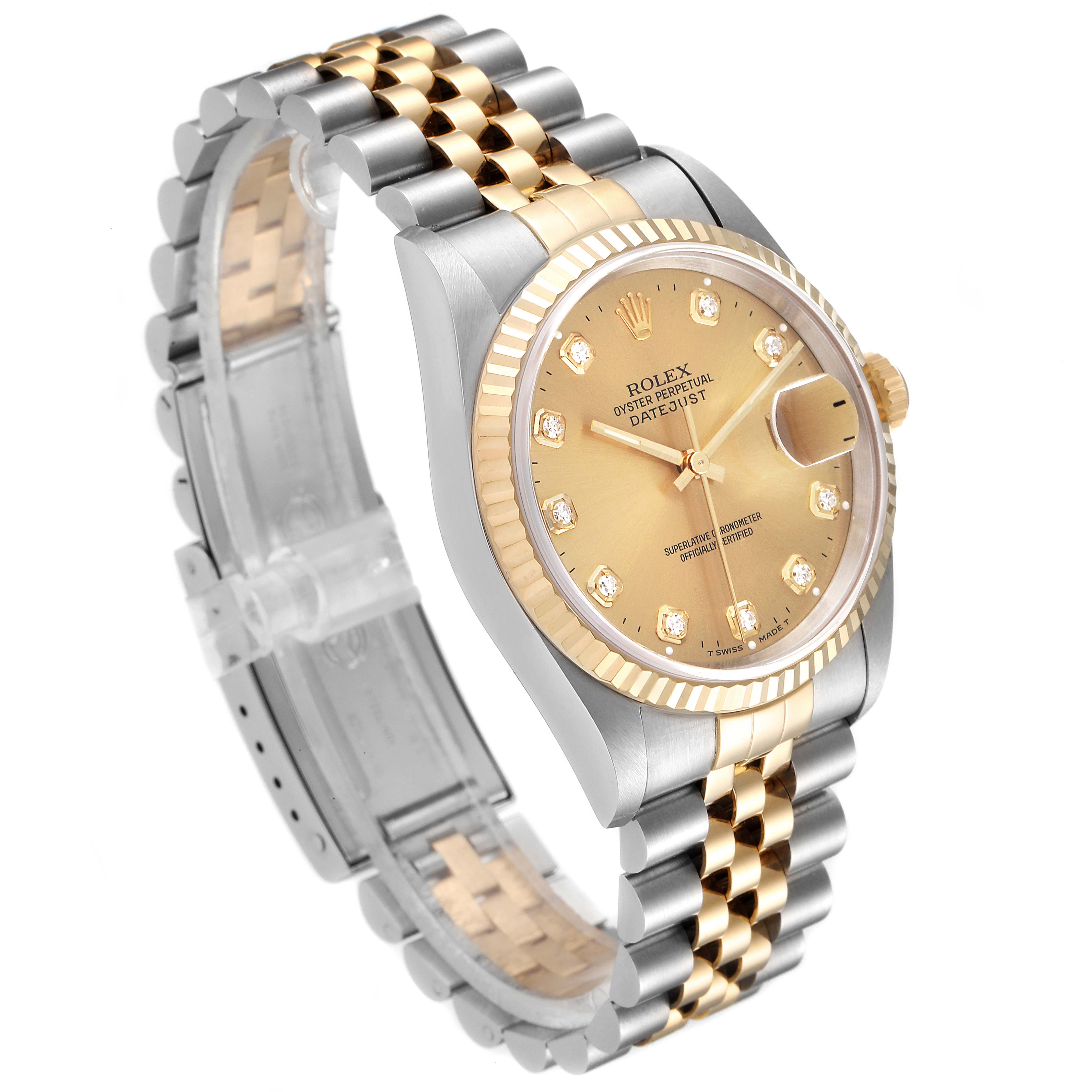 The image shows a Rolex Datejust 16233 Men's Steel and Gold (two tone) Champagne Dial 16233 Men's Steel and Gold (two tone) Champagne Dial watch from an angled side view, highlighting the bracelet, bezel, and face.