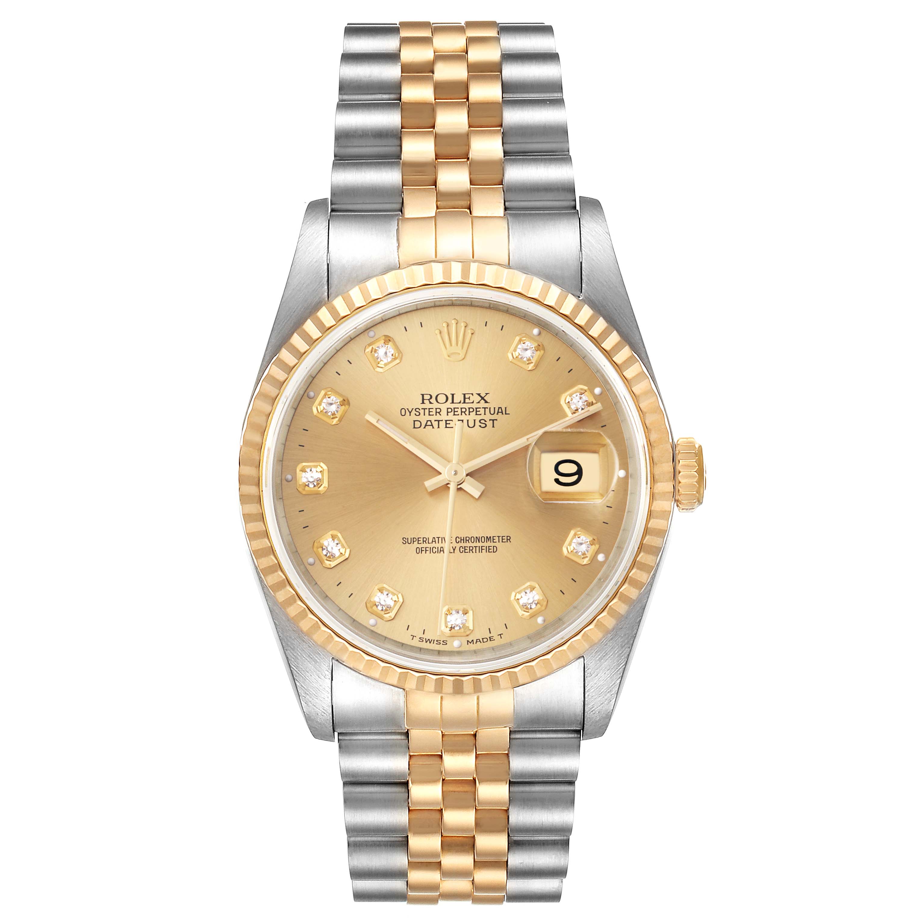 This image shows a front view of the Rolex Datejust 16233 Men's Steel and Gold (two tone) Champagne Dial 16233 Men's Steel and Gold (two tone) Champagne Dial watch featuring a two-tone bracelet, gold dial, diamond markers, and date window.