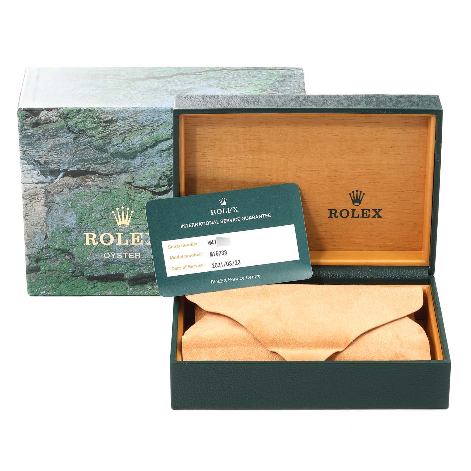 The image shows the Rolex Datejust 16233 Men's Steel and Gold (two tone) Champagne Dial 16233 Men's Steel and Gold (two tone) Champagne Dial model packaging, including the box, pouch, and a service guarantee card.