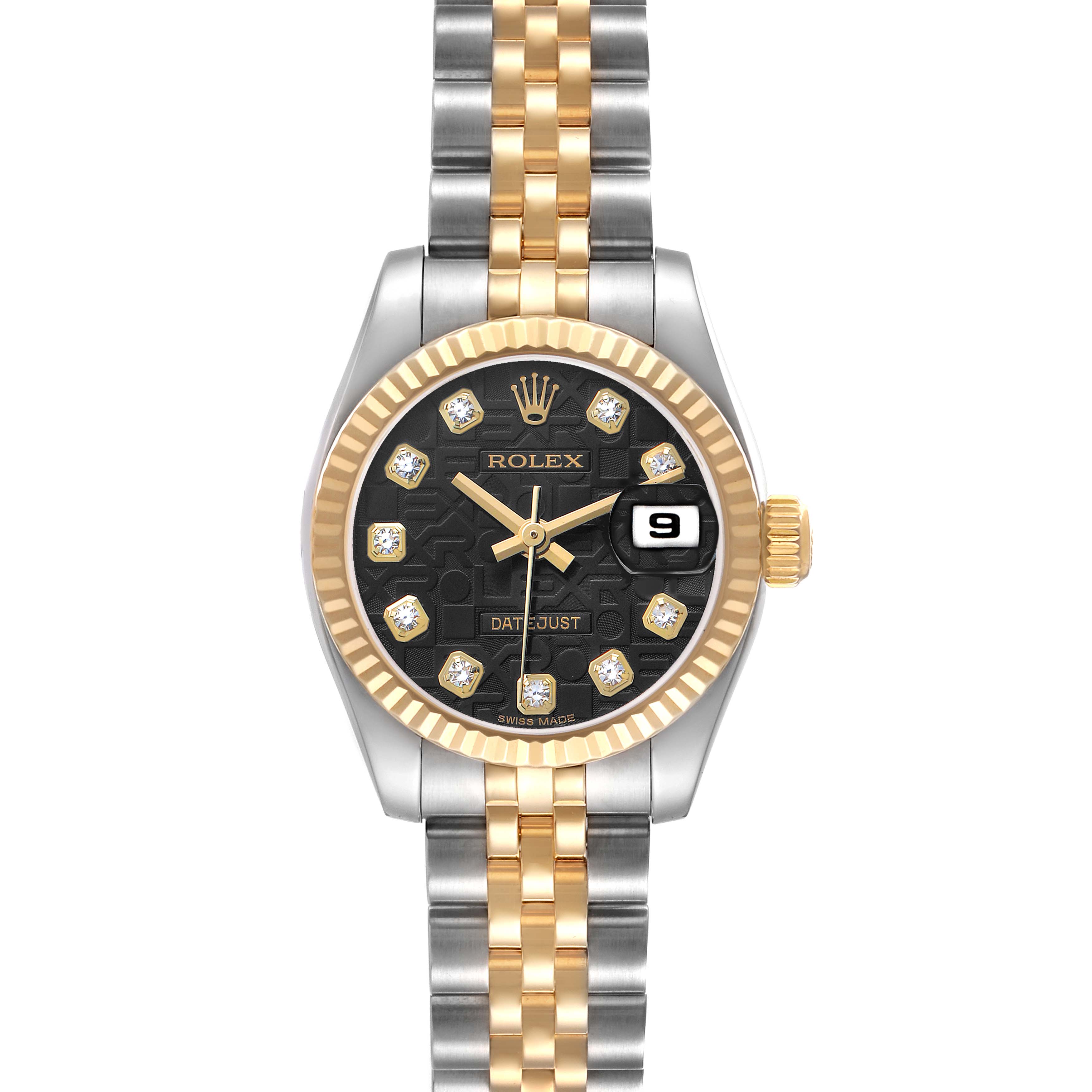 The Rolex Datejust 179173 Women's Steel and Gold (two tone) Black Dial is shown from a front angle, highlighting its two-tone bracelet, black dial with diamond markers, and fluted bezel.