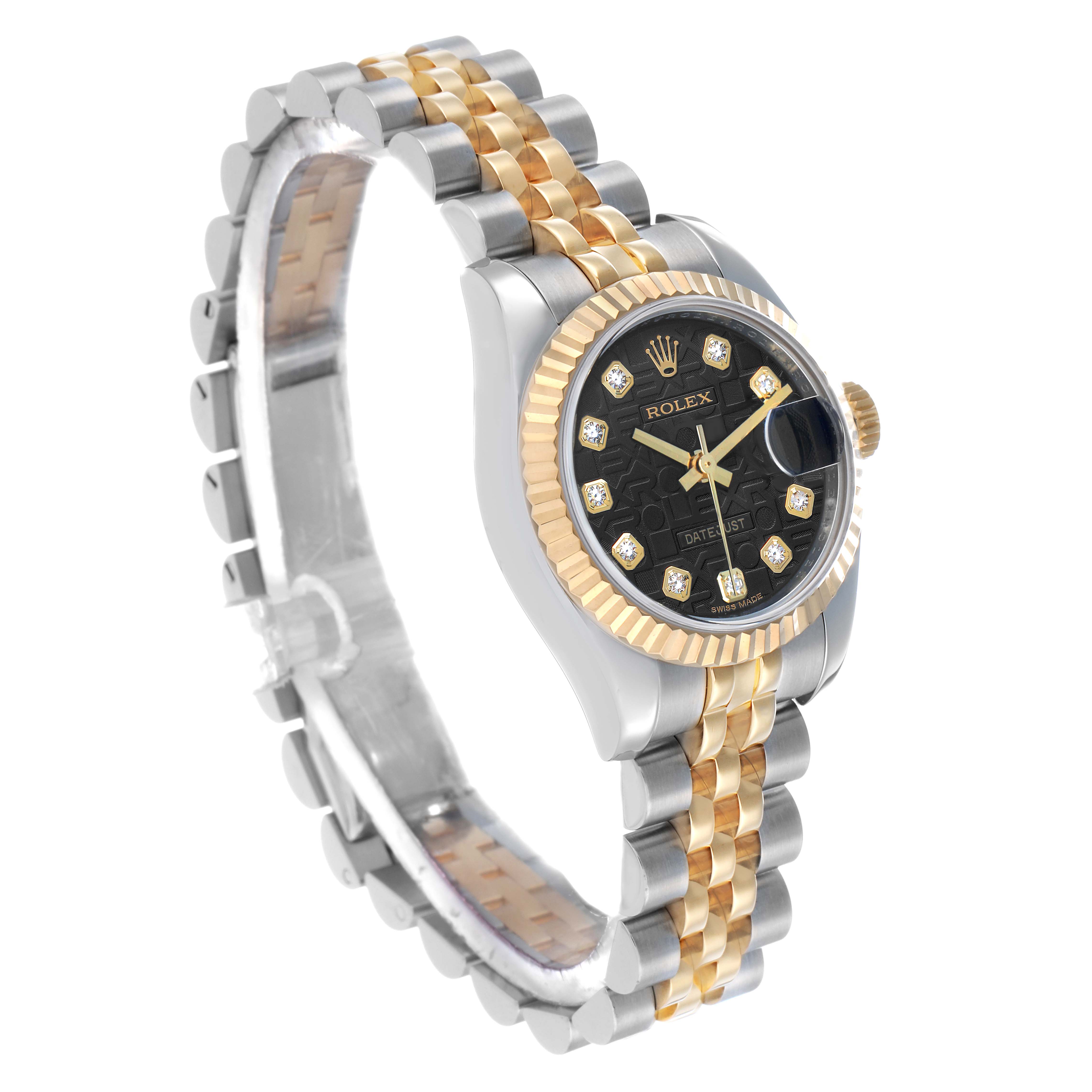 The Rolex Datejust 179173 Women's Steel and Gold (two tone) Black Dial watch is shown at a three-quarter angle, highlighting its dial, bezel, and two-tone bracelet.