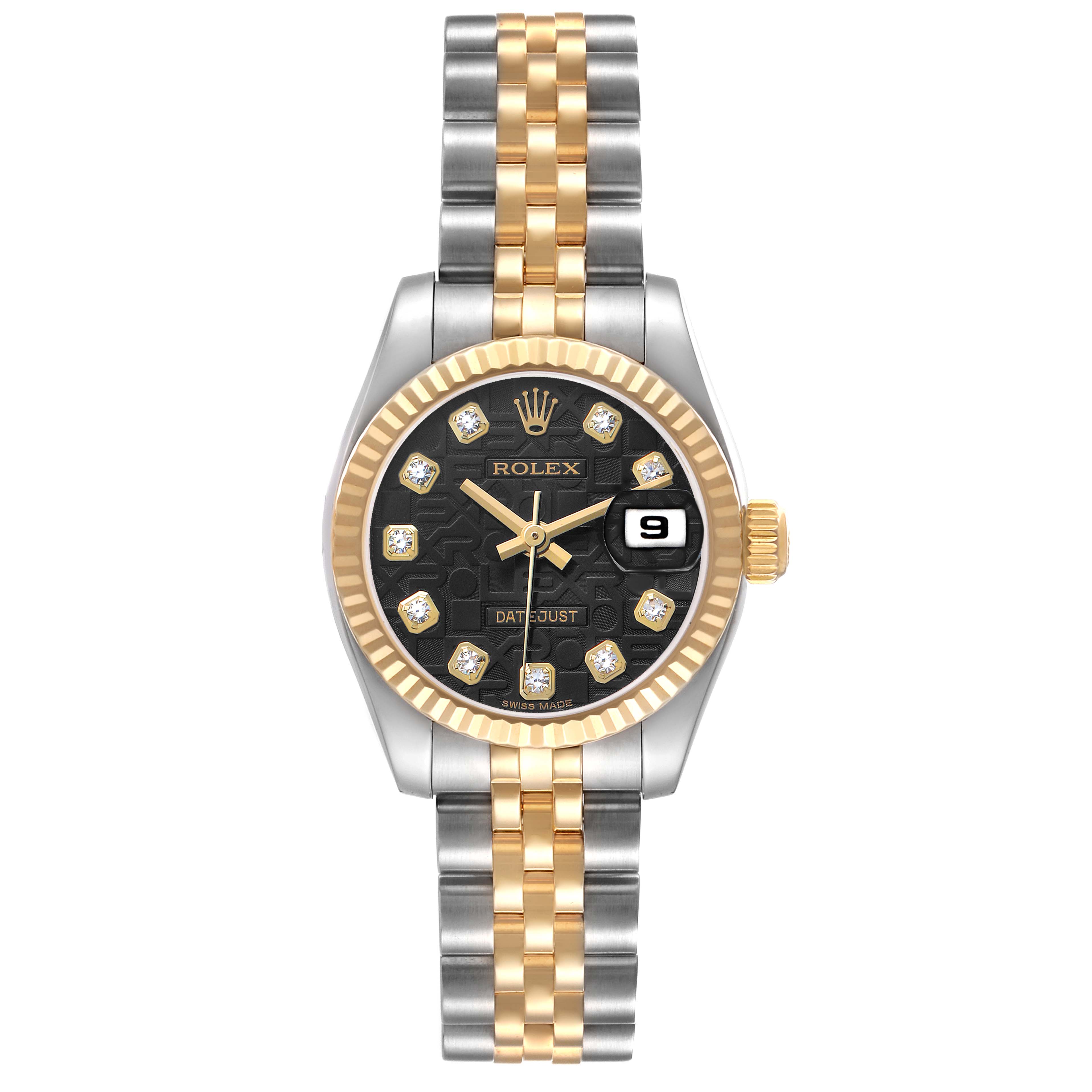 The Rolex Datejust 179173 Women's Steel and Gold (two tone) Black Dial watch is shown from a top-down angle, highlighting the bezel, dial, and two-tone bracelet.