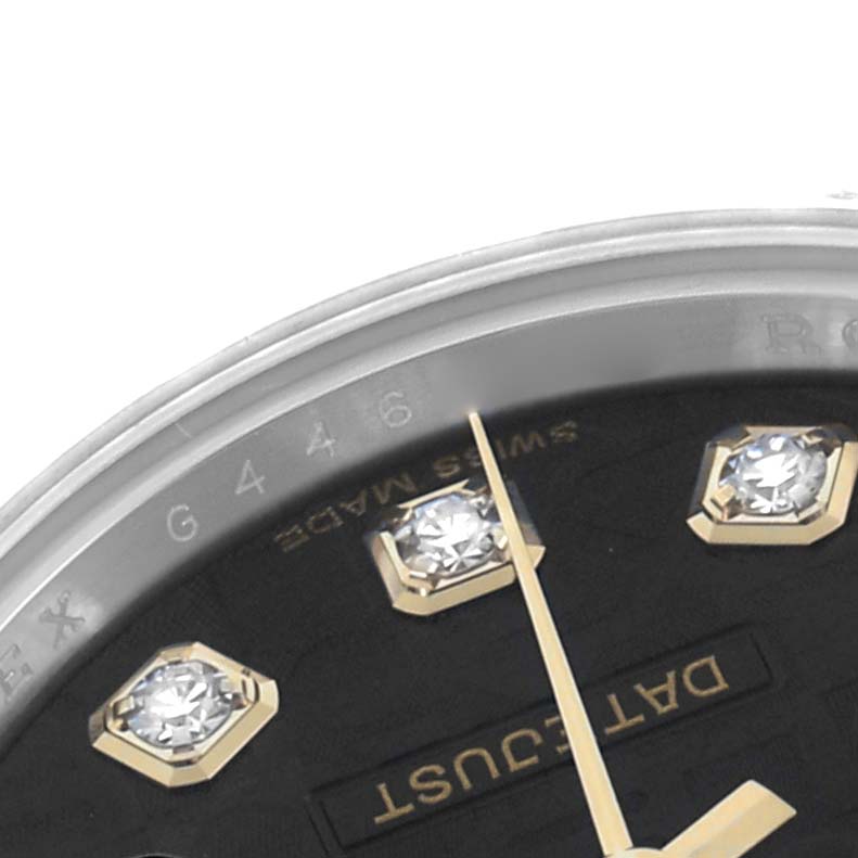 The image shows a close-up of the Rolex Datejust 179173 Women's Steel and Gold (two tone) Black Dial watch dial, highlighting diamond hour markers and partial bezel.