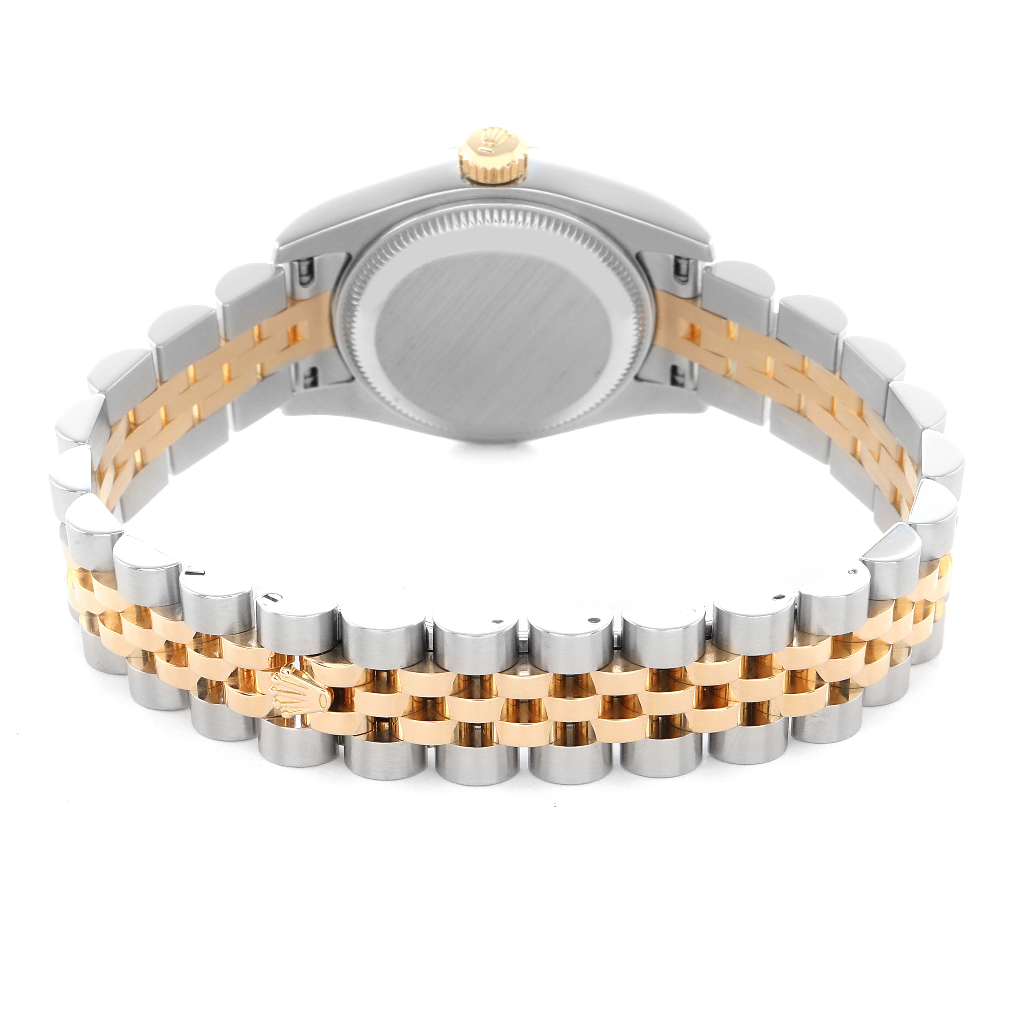 The Rolex Datejust 179173 Women's Steel and Gold (two tone) Black Dial watch is shown from the back, highlighting the bracelet and case back.