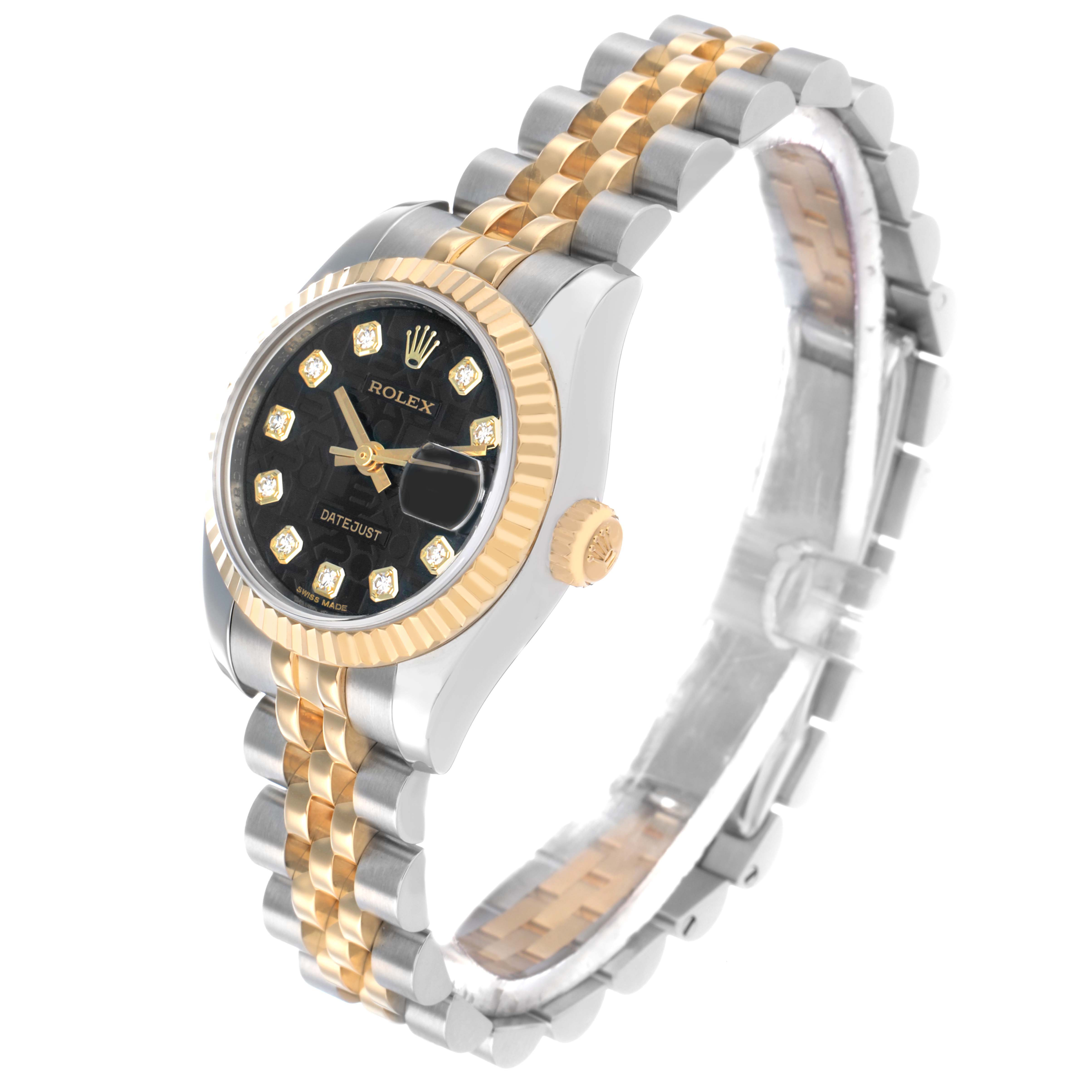 The Rolex Datejust 179173 Women's Steel and Gold (two tone) Black Dial watch is shown at a slight angle, highlighting its two-tone bracelet, fluted bezel, and black diamond-set dial.
