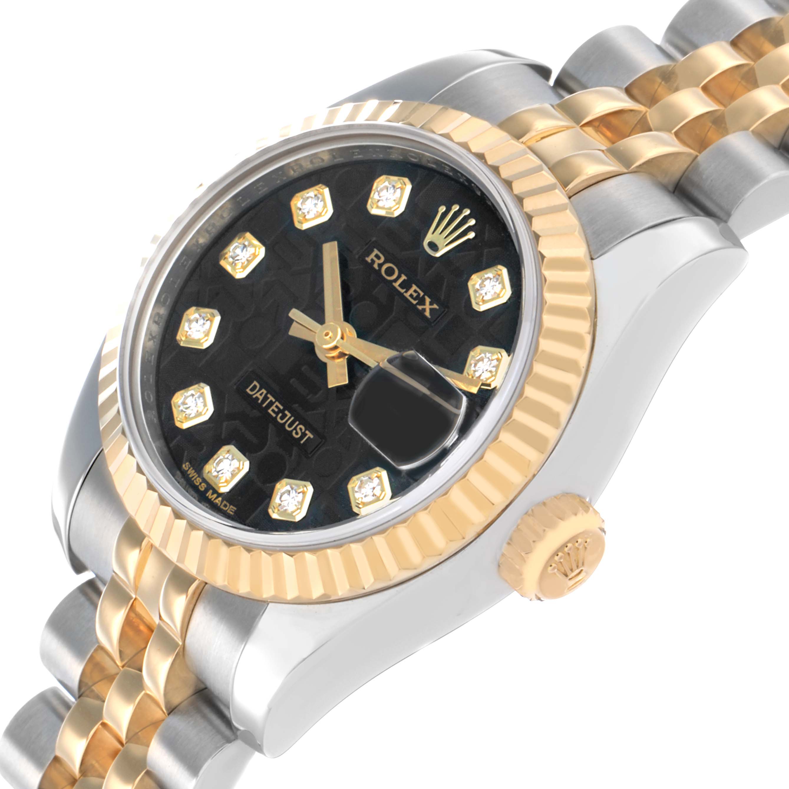 The Rolex Datejust 179173 Women's Steel and Gold (two tone) Black Dial watch is shown at a tilted angle, displaying the dial, bezel, crown, and part of the bracelet.