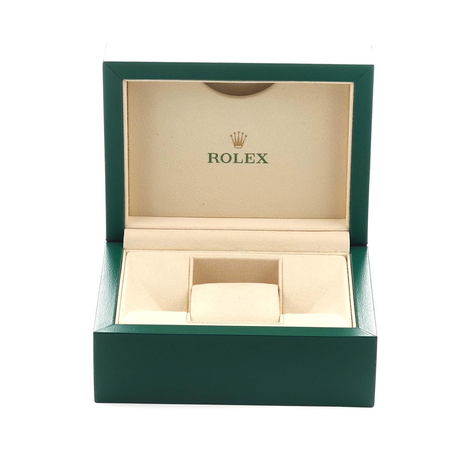 The image shows an open green Rolex watch box for the Datejust model, highlighting the interior lining and cushion.