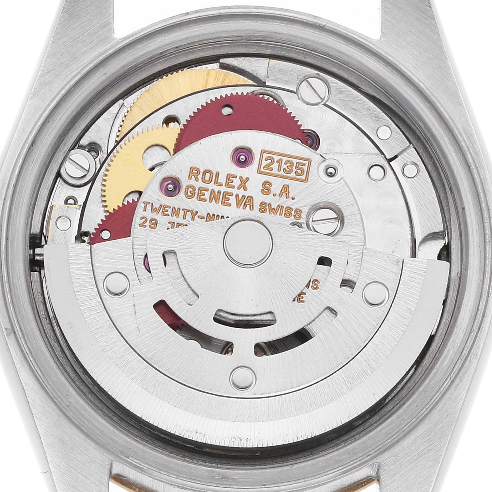 The image shows the movement mechanism of a Rolex Datejust 69173 Women's Steel and Gold (two tone) Champagne Dial watch from the back.
