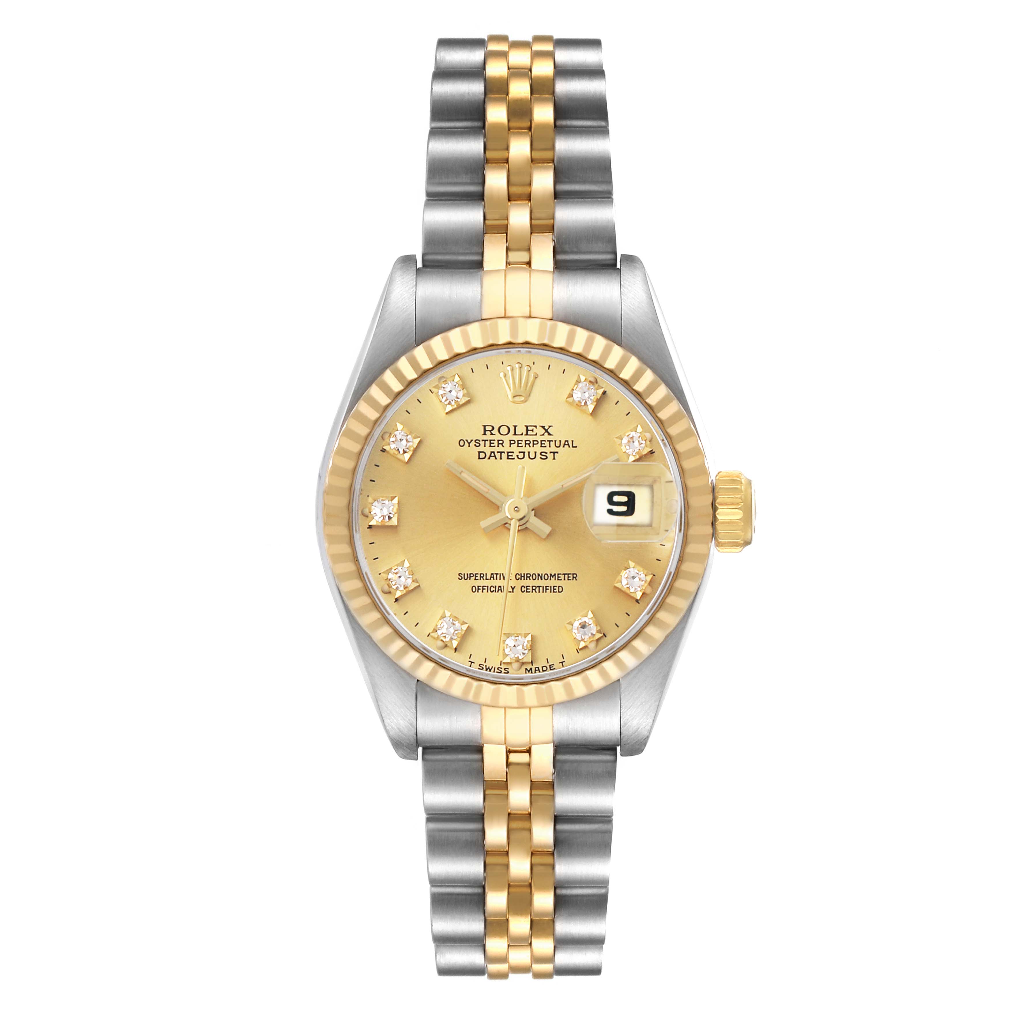 The image shows a Rolex Datejust 69173 Women's Steel and Gold (two tone) Champagne Dial watch from a top-down angle, displaying the dial, fluted bezel, and two-tone bracelet.