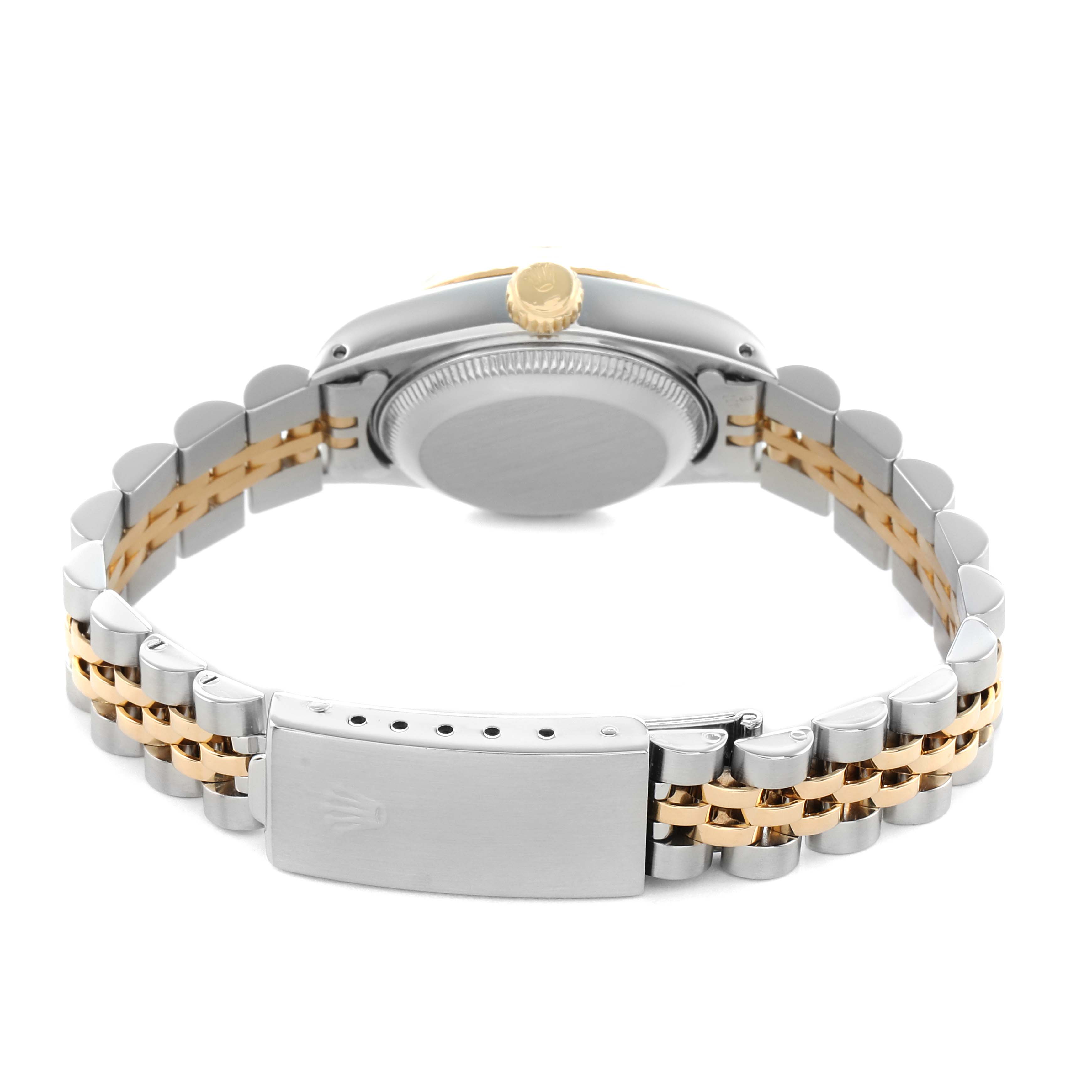 The Rolex Datejust 69173 Women's Steel and Gold (two tone) Champagne Dial watch is shown from the back, highlighting its clasp, bracelet, and crown with a combination of silver and gold tones.