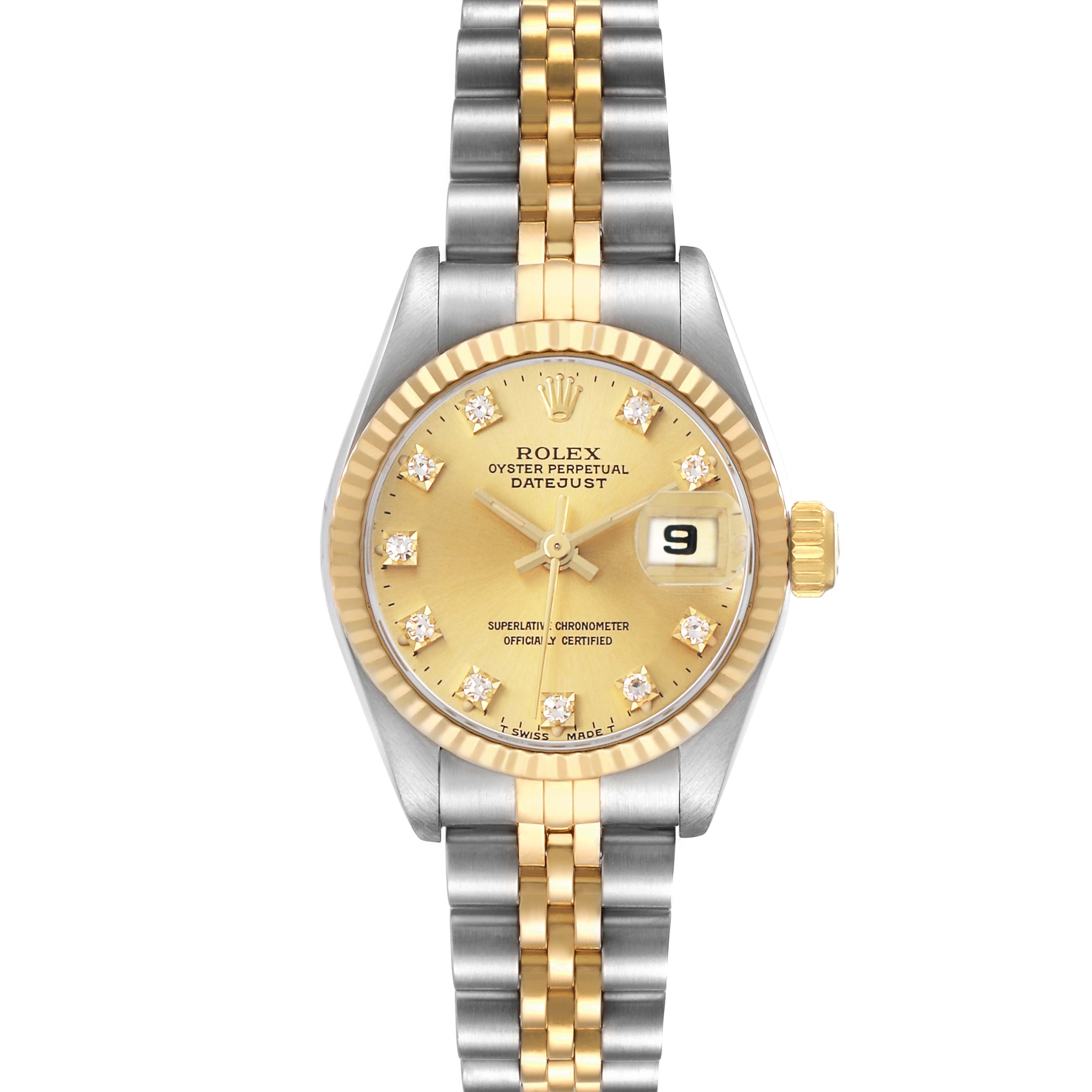 The Rolex Datejust 69173 Women's Steel and Gold (two tone) Champagne Dial is shown from a top-down angle, displaying the dial, bezel, crown, and bracelet clearly.