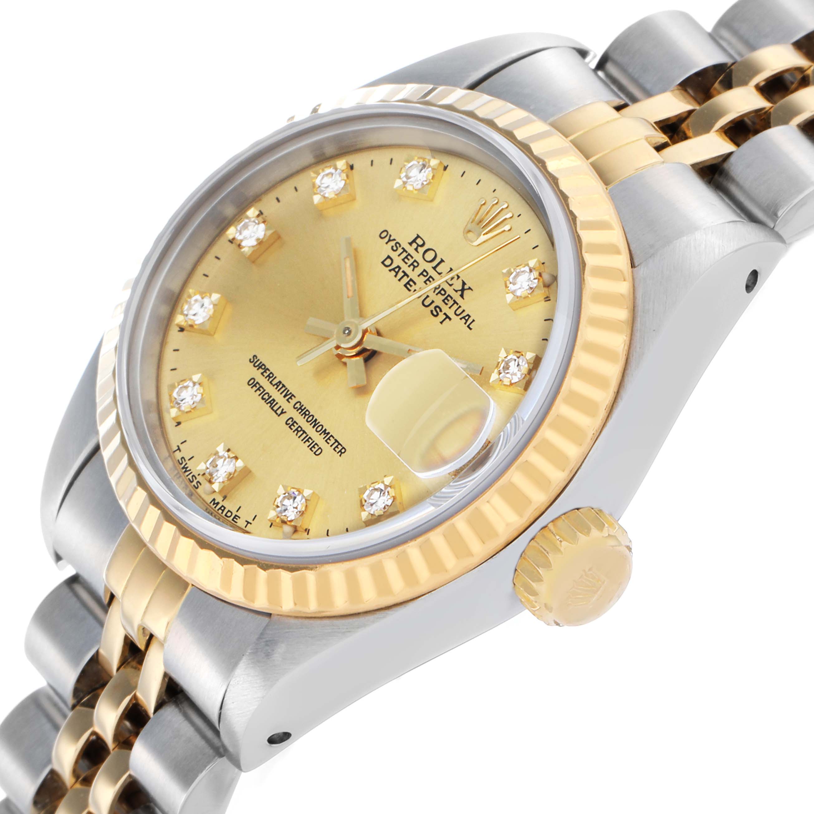 The Rolex Datejust 69173 Women's Steel and Gold (two tone) Champagne Dial watch is shown at an angle displaying the dial, diamond hour markers, fluted bezel, crown, and part of the bracelet.