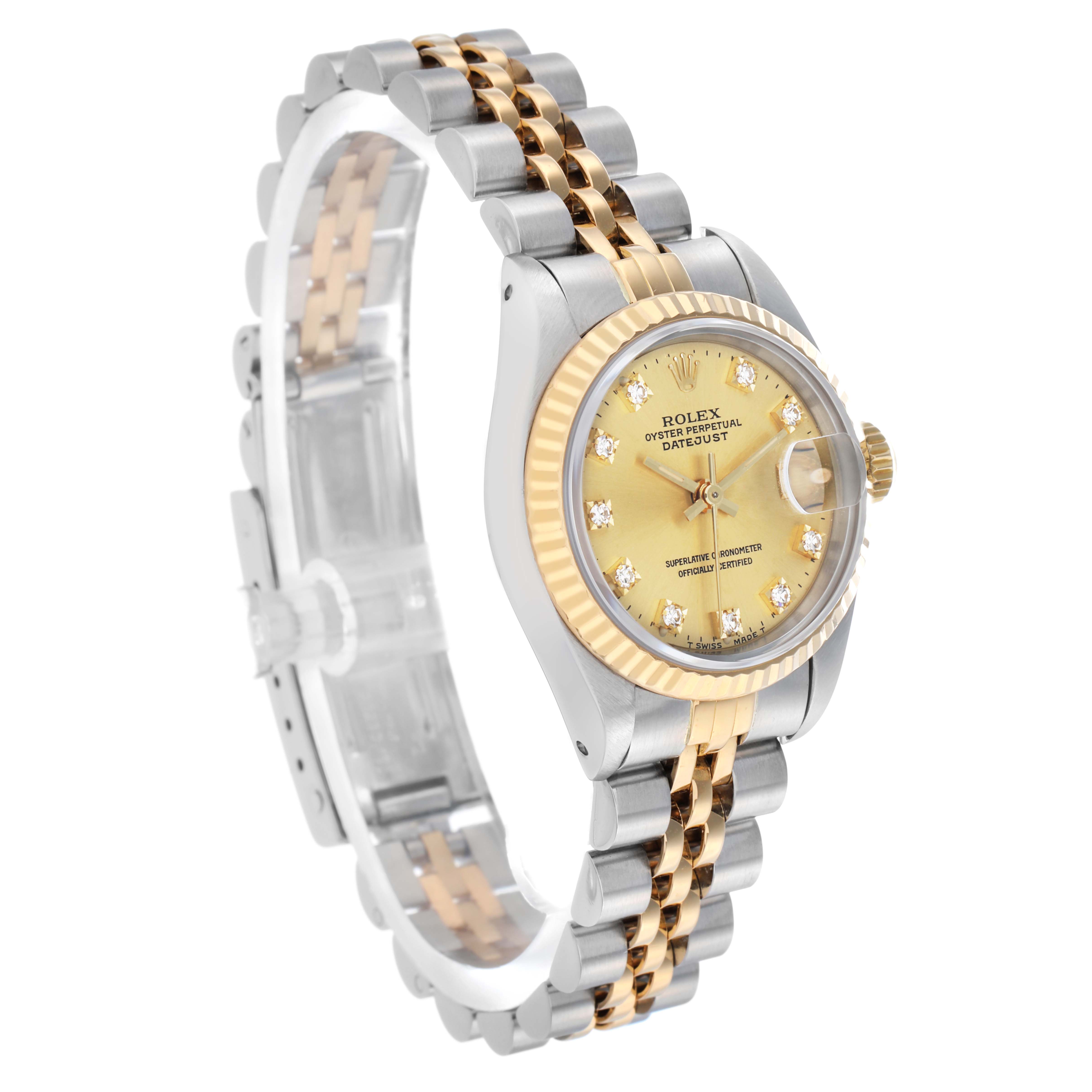 The Rolex Datejust 69173 Women's Steel and Gold (two tone) Champagne Dial watch is shown at a three-quarter angle, displaying the dial, bezel, bracelet, and crown.