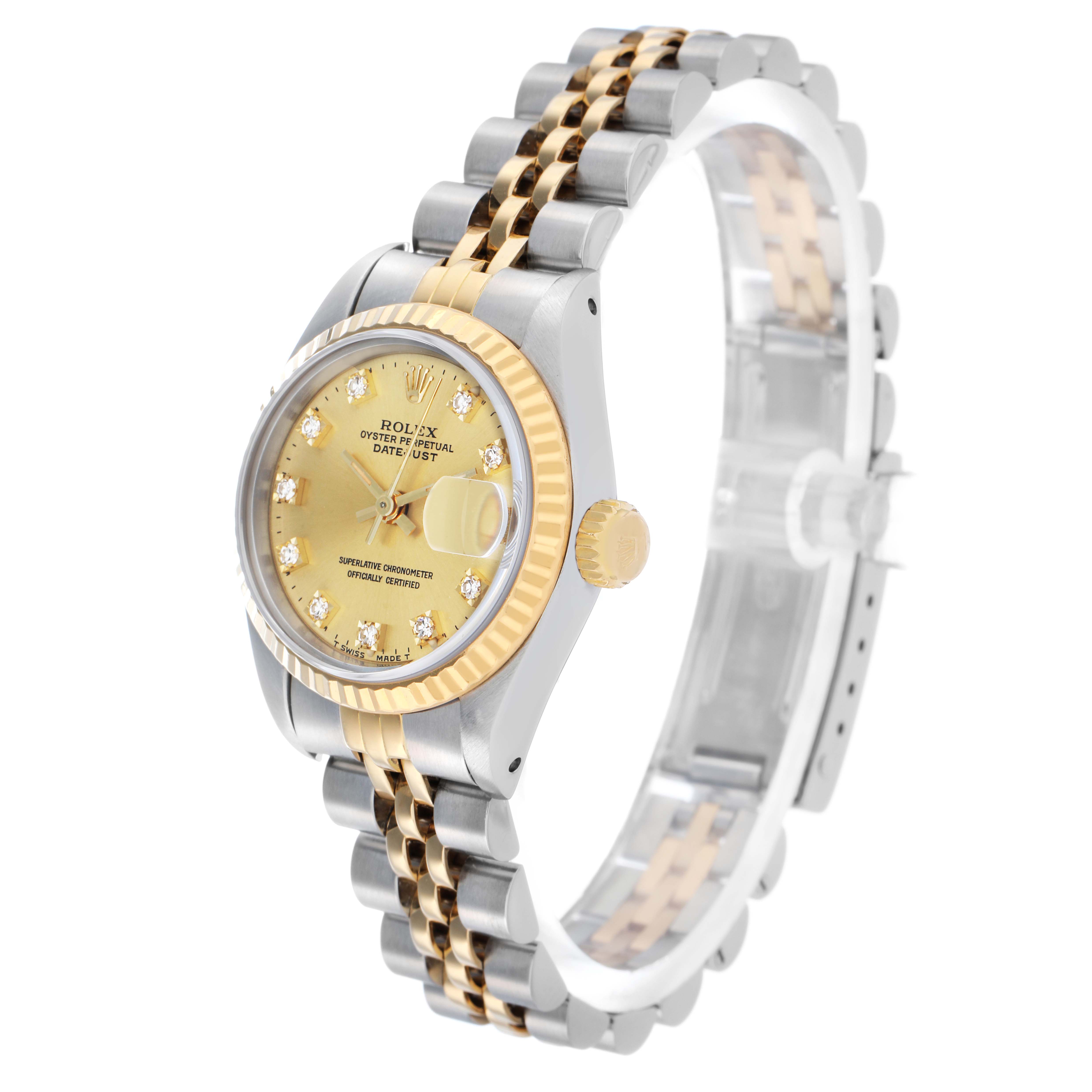 The Rolex Datejust 69173 Women's Steel and Gold (two tone) Champagne Dial watch is shown at a three-quarter angle, highlighting the face, fluted bezel, crown, and bracelet.