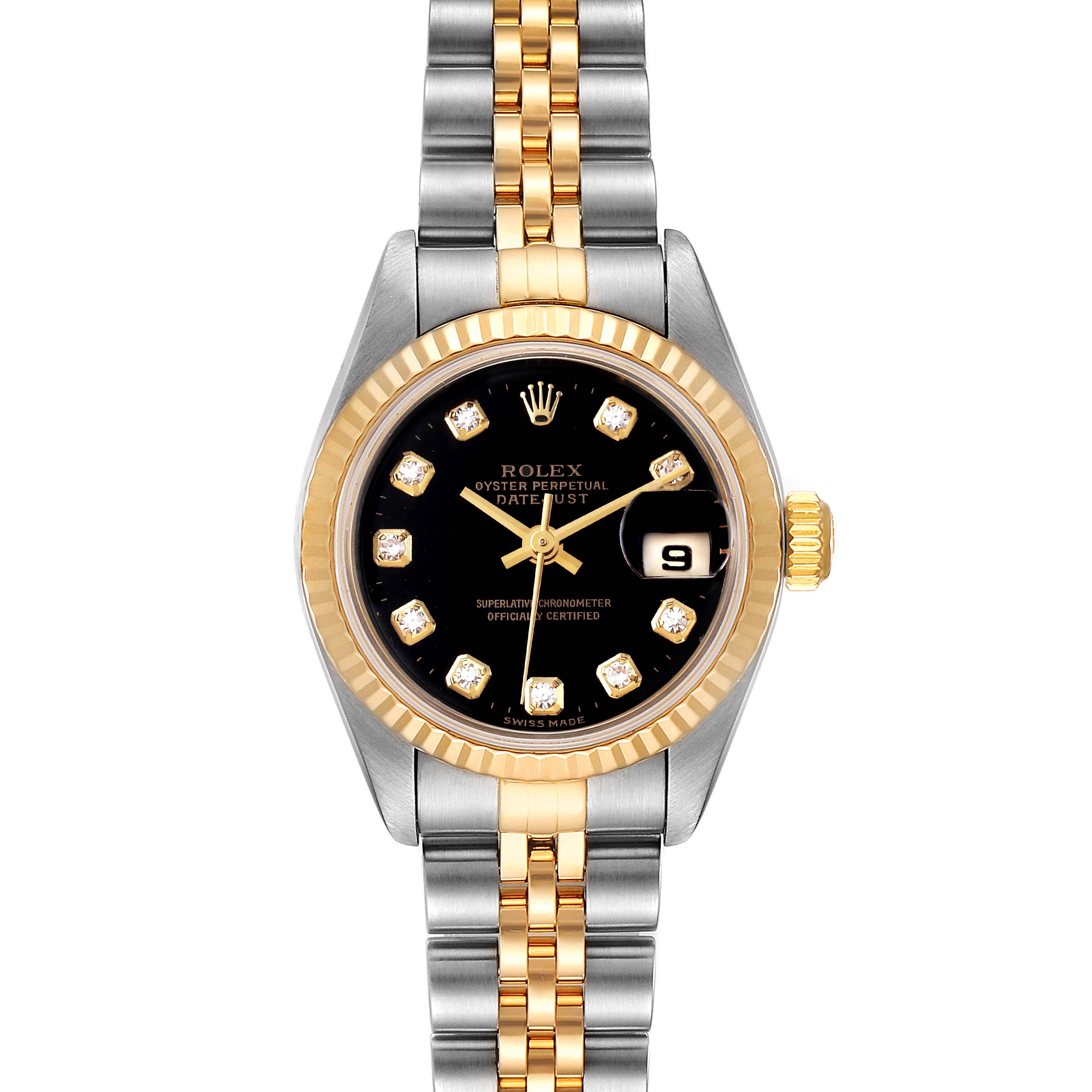The image shows a front view of a Rolex Datejust 79173 Women
s Steel and Gold (two tone) Black Dial 79173 Women
s Steel and Gold (two tone) Black Dial watch, highlighting the face, bezel, crown, and bracelet.