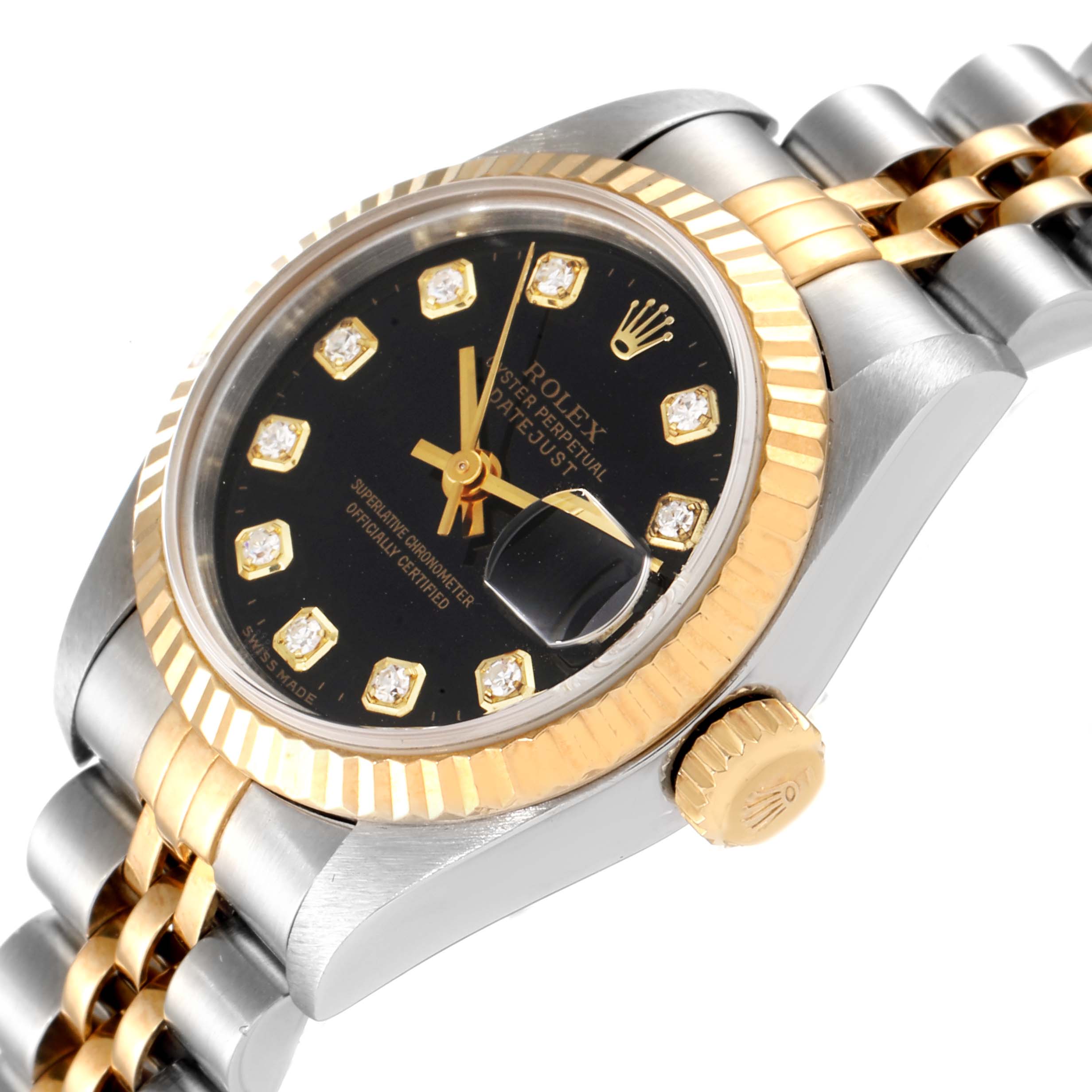 The image shows a close-up angle of a Rolex Datejust 79173 Women
s Steel and Gold (two tone) Black Dial 79173 Women
s Steel and Gold (two tone) Black Dial watch, highlighting the dial, bezel, crown, and bracelet.