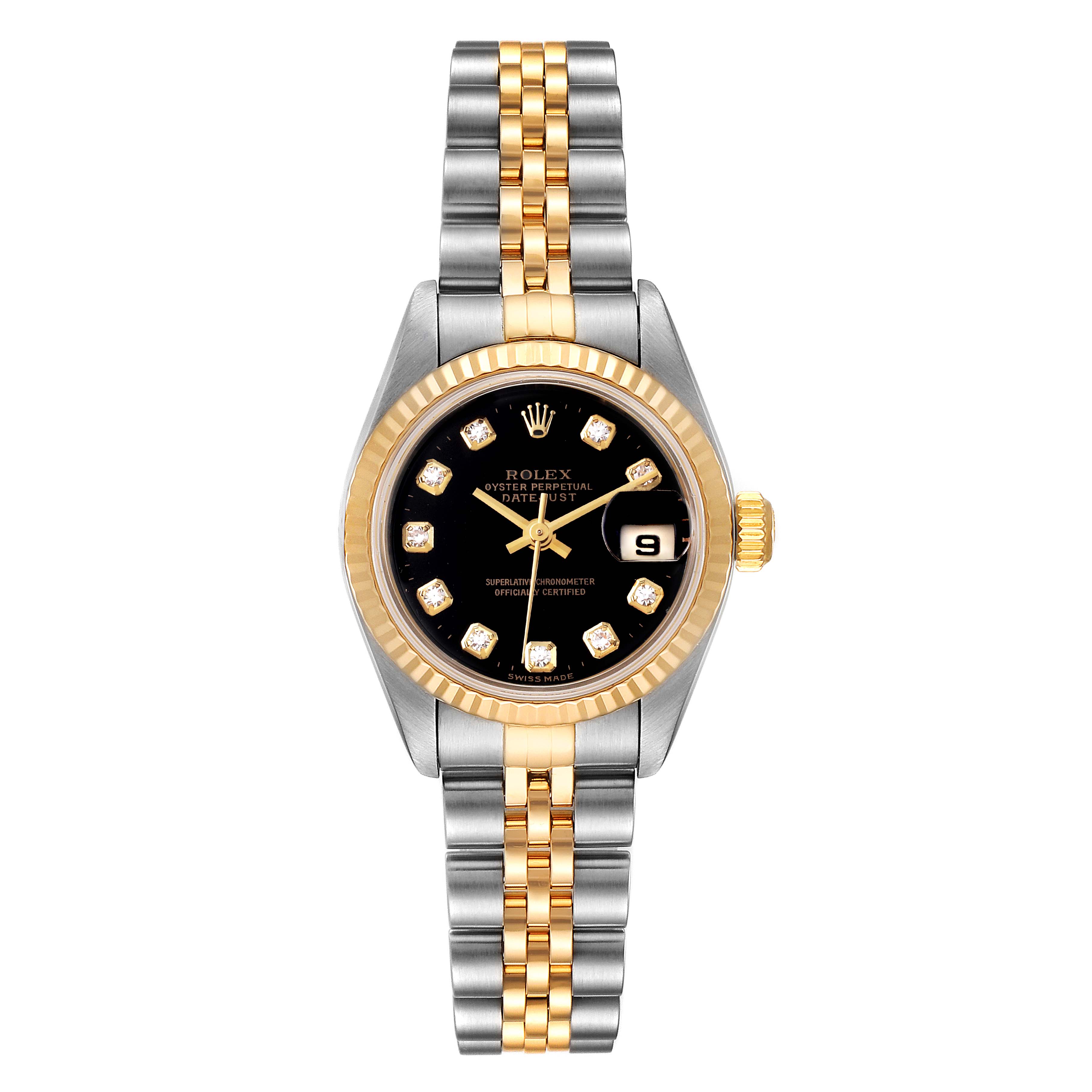 The image shows a frontal view of a Rolex Datejust 79173 Women
s Steel and Gold (two tone) Black Dial 79173 Women
s Steel and Gold (two tone) Black Dial watch featuring a two-tone bracelet, a black dial with diamond indices, and a date display.