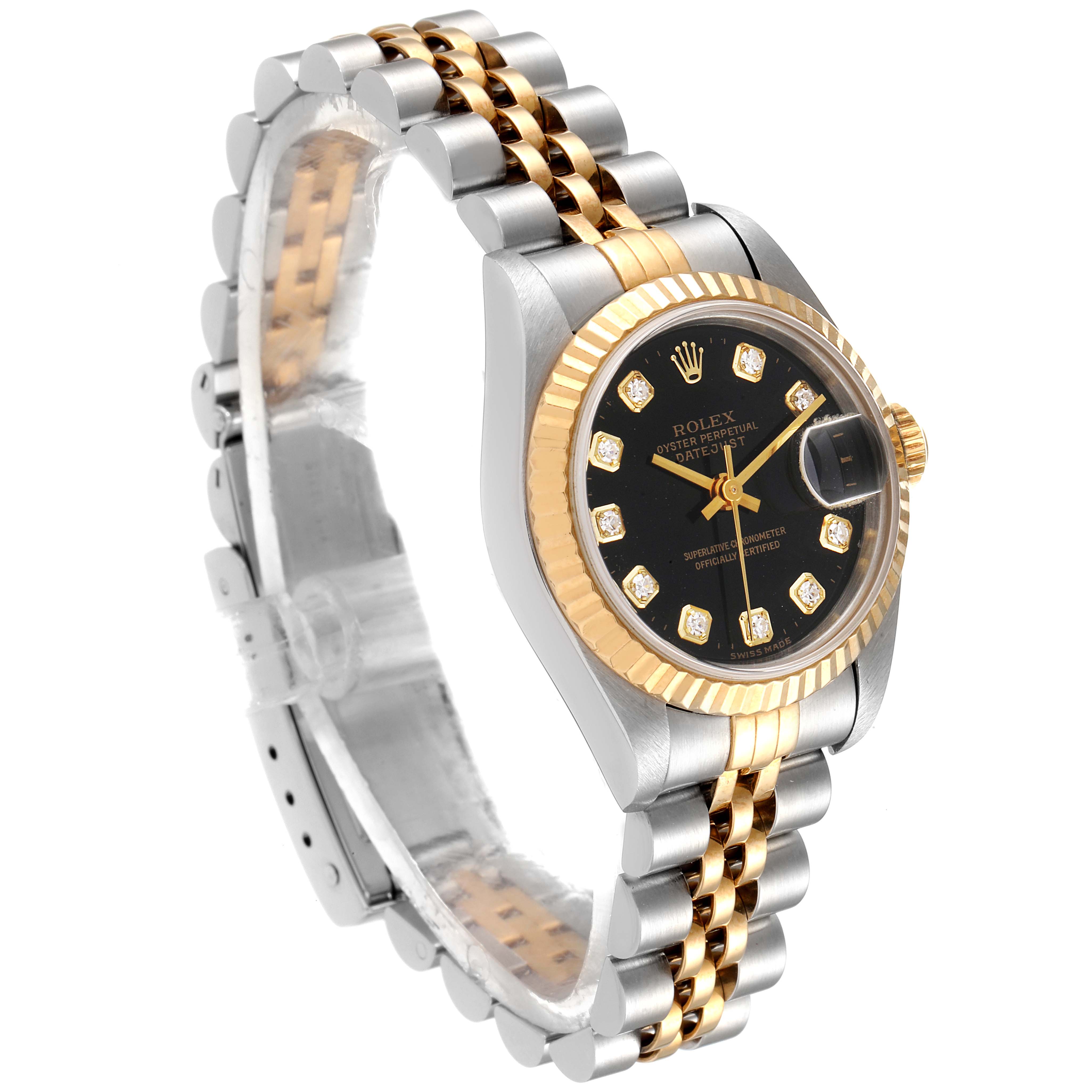 The image shows a Datejust model Rolex watch at a slight angle, highlighting the bracelet, bezel, and face.