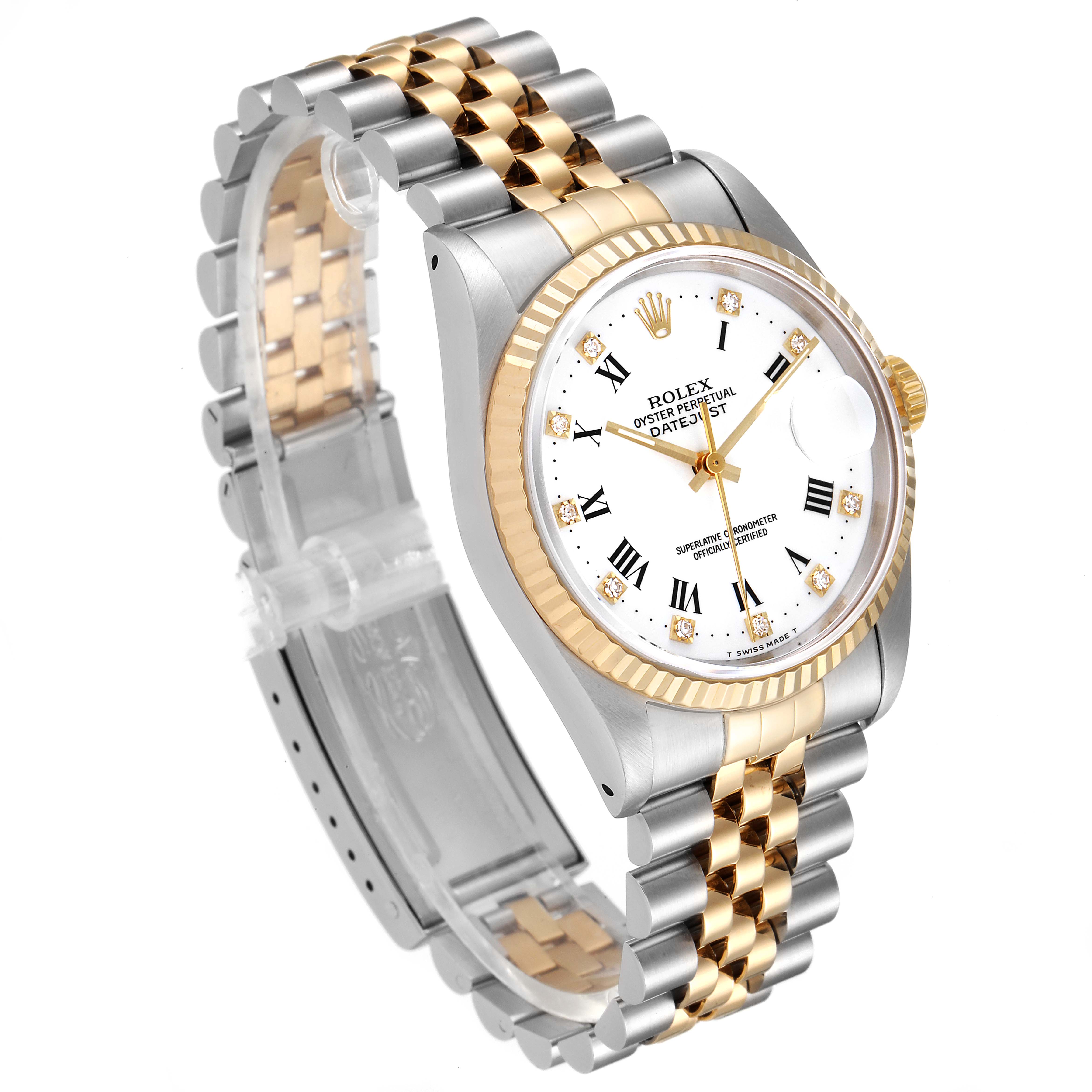 The Rolex Datejust 16233 Men's Steel and Gold (two tone) White Dial 16233 Men's Steel and Gold (two tone) White Dial watch is shown at a three-quarter angle, highlighting the face, bezel, and two-tone bracelet.