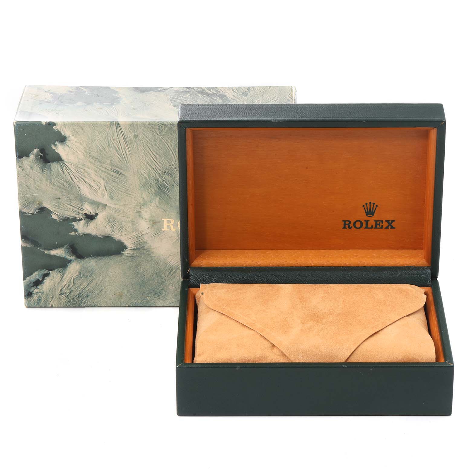 The image shows a Rolex Datejust 16233 Men's Steel and Gold (two tone) White Dial 16233 Men's Steel and Gold (two tone) White Dial watch box and its suede pouch from a front angle.