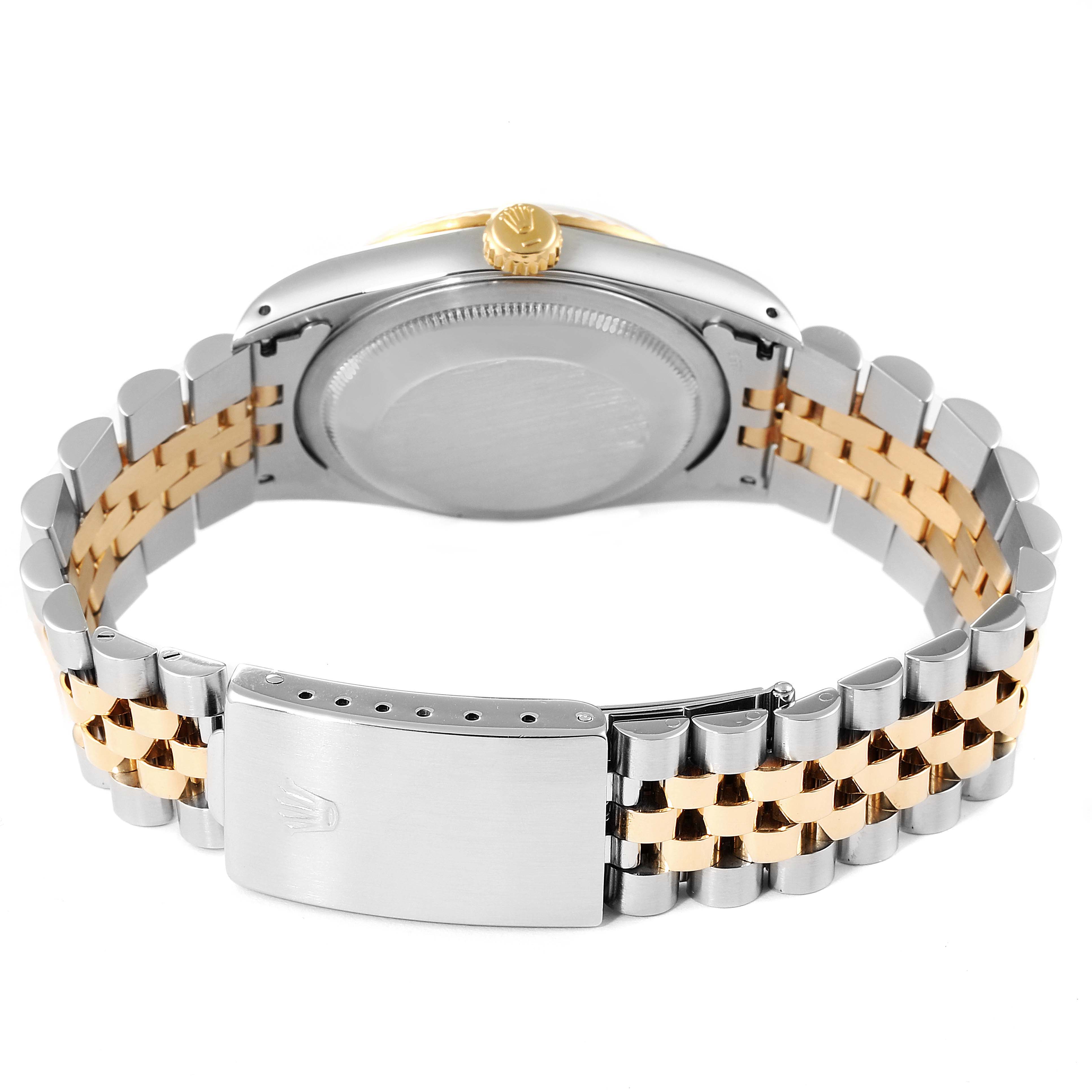 This image shows the back of a Rolex Datejust 16233 Men's Steel and Gold (two tone) White Dial 16233 Men's Steel and Gold (two tone) White Dial watch, focusing on the bracelet and clasp from a rear angle.