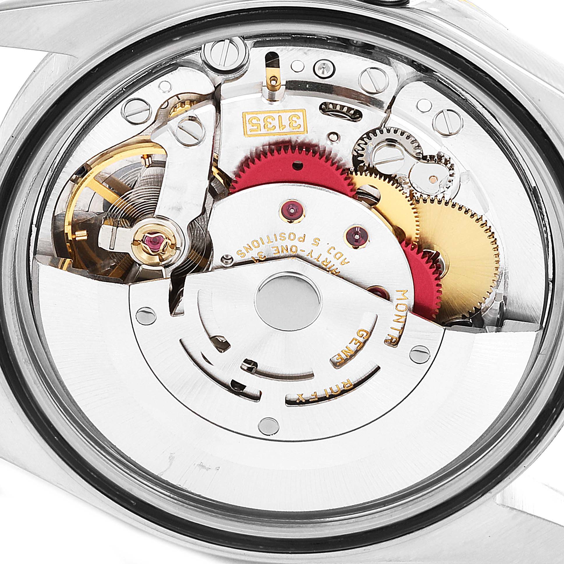 This image shows the movement and internal mechanism of a Rolex Datejust 16233 Men's Steel and Gold (two tone) White Dial 16233 Men's Steel and Gold (two tone) White Dial watch from a top-down angle.