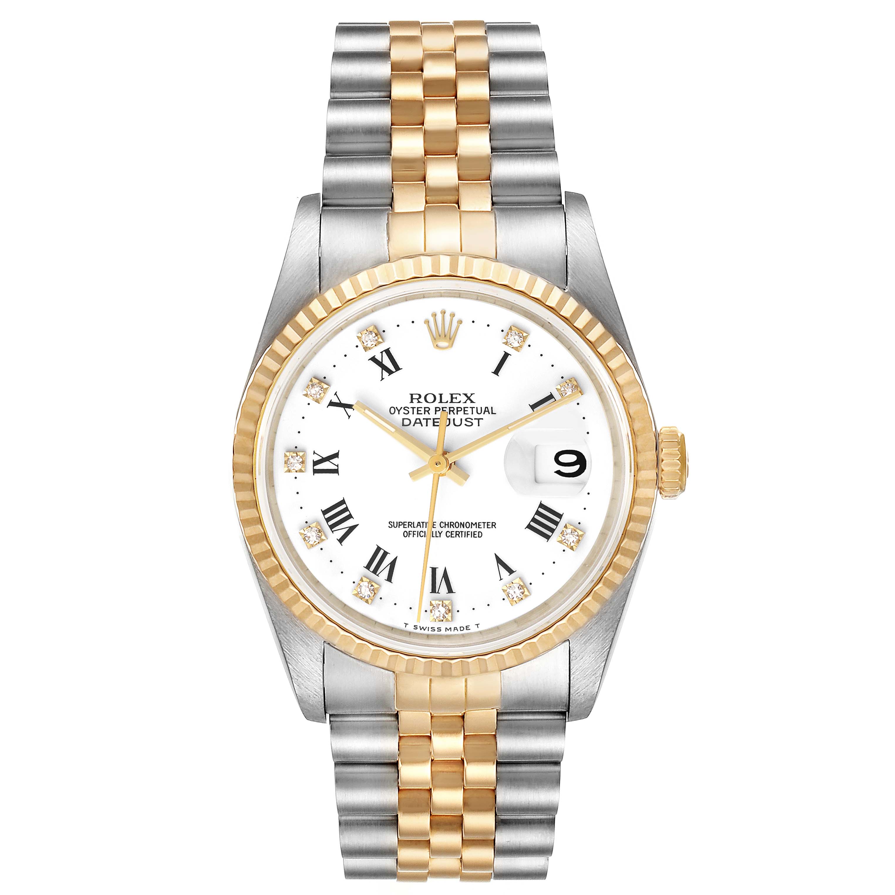 The Rolex Datejust 16233 Men's Steel and Gold (two tone) White Dial 16233 Men's Steel and Gold (two tone) White Dial watch is shown from a top-down angle, featuring its bracelet, bezel, dial, and cyclops lens.