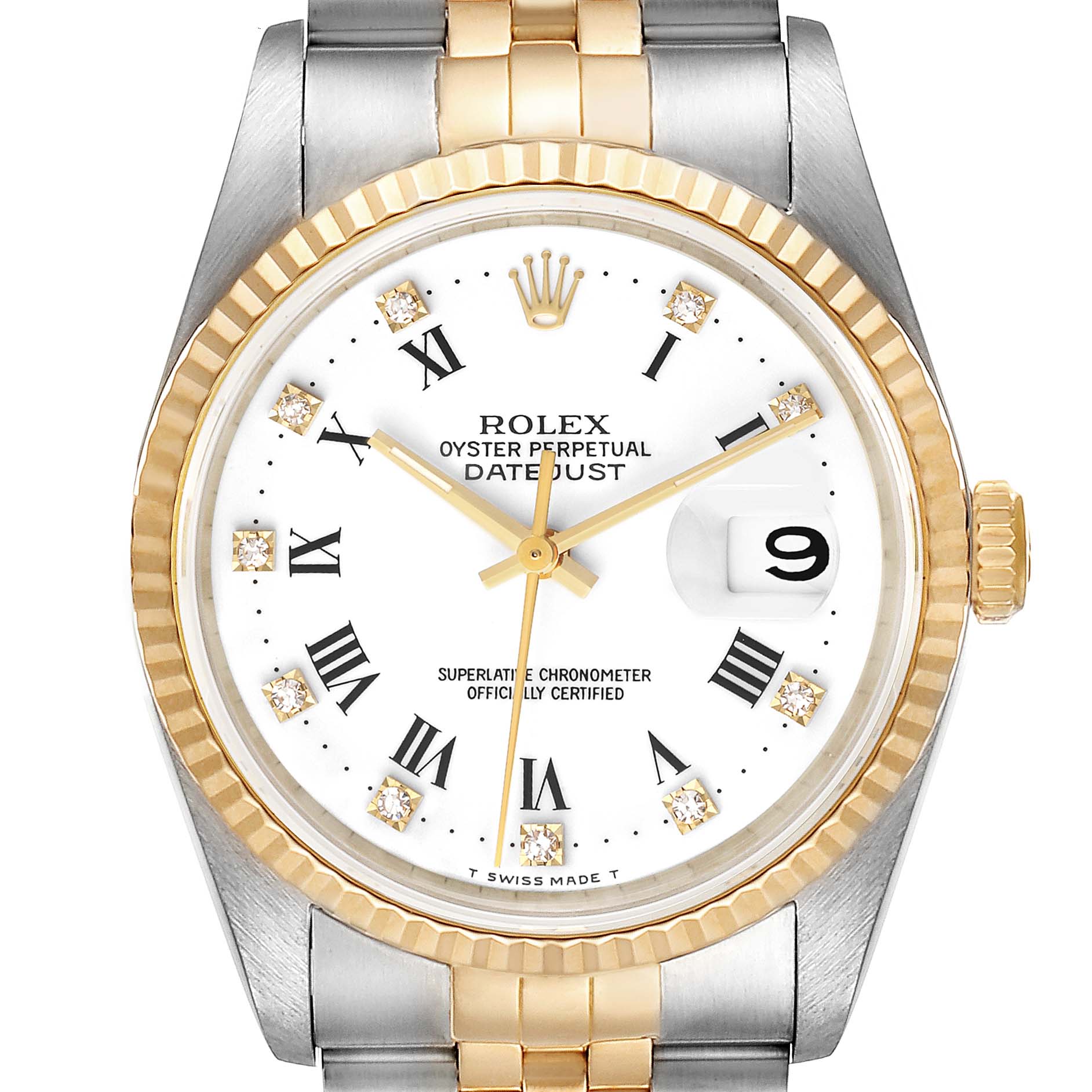 This image shows the Rolex Datejust 16233 Men's Steel and Gold (two tone) White Dial 16233 Men's Steel and Gold (two tone) White Dial watch from a top-down angle, displaying the face, bezel, and part of the bracelet.