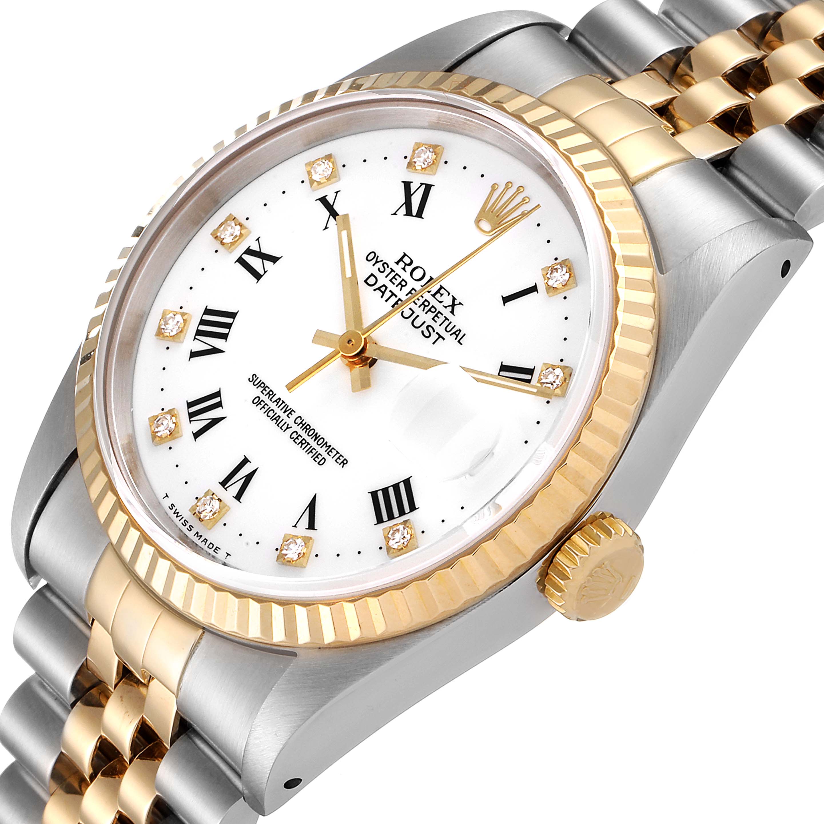 The image shows a Rolex Datejust 16233 Men's Steel and Gold (two tone) White Dial 16233 Men's Steel and Gold (two tone) White Dial watch at a slight angle, highlighting its white dial, gold hands, bezel, and two-tone bracelet.