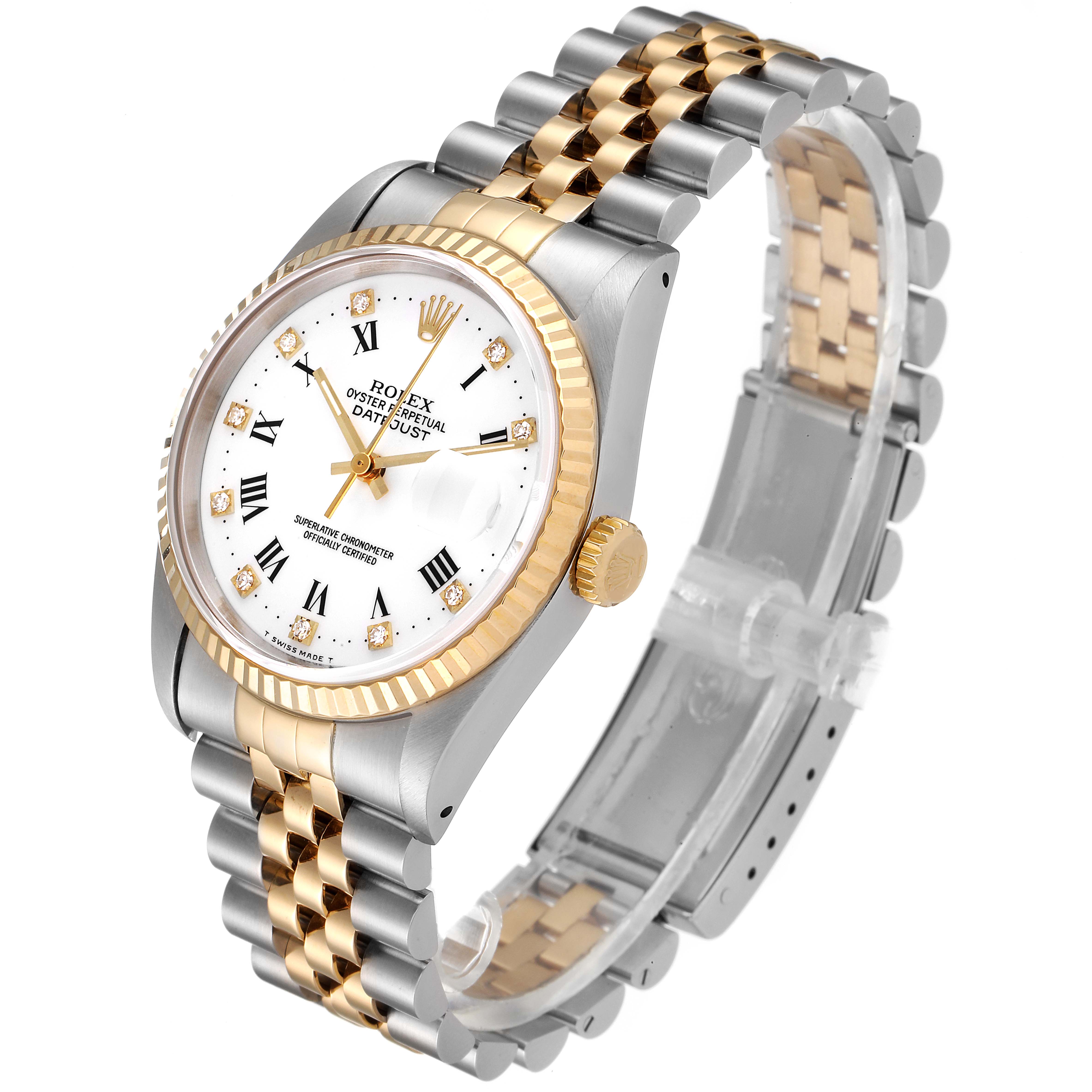 The image shows a Rolex Datejust 16233 Men's Steel and Gold (two tone) White Dial 16233 Men's Steel and Gold (two tone) White Dial watch from an angled side view, highlighting its dial, bracelet, and clasp.