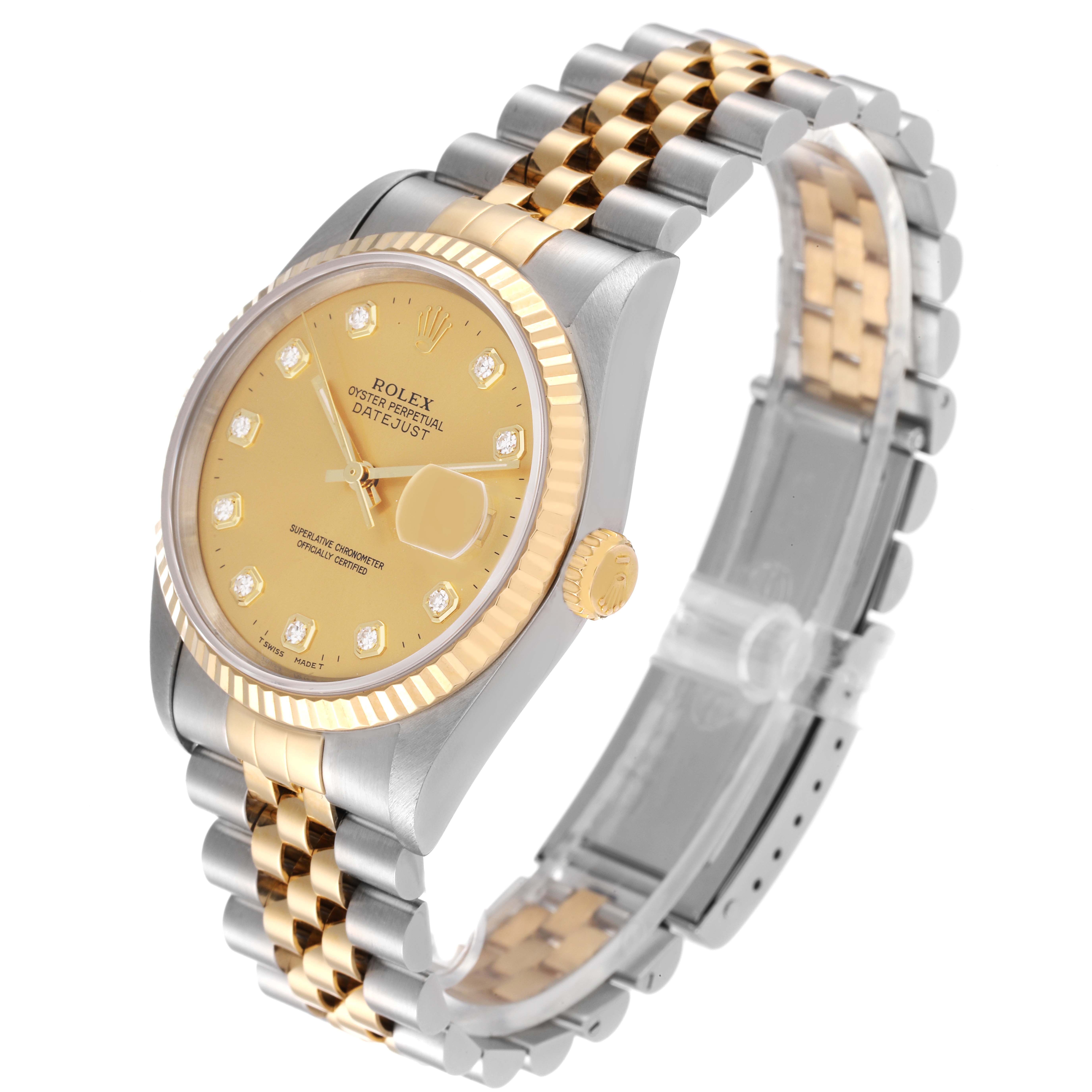 The image shows a Rolex Datejust 16233 Men's Steel and Gold (two tone) Champagne Dial 16233 Men's Steel and Gold (two tone) Champagne Dial watch angled to display the face, bezel, crown, and two-tone bracelet.