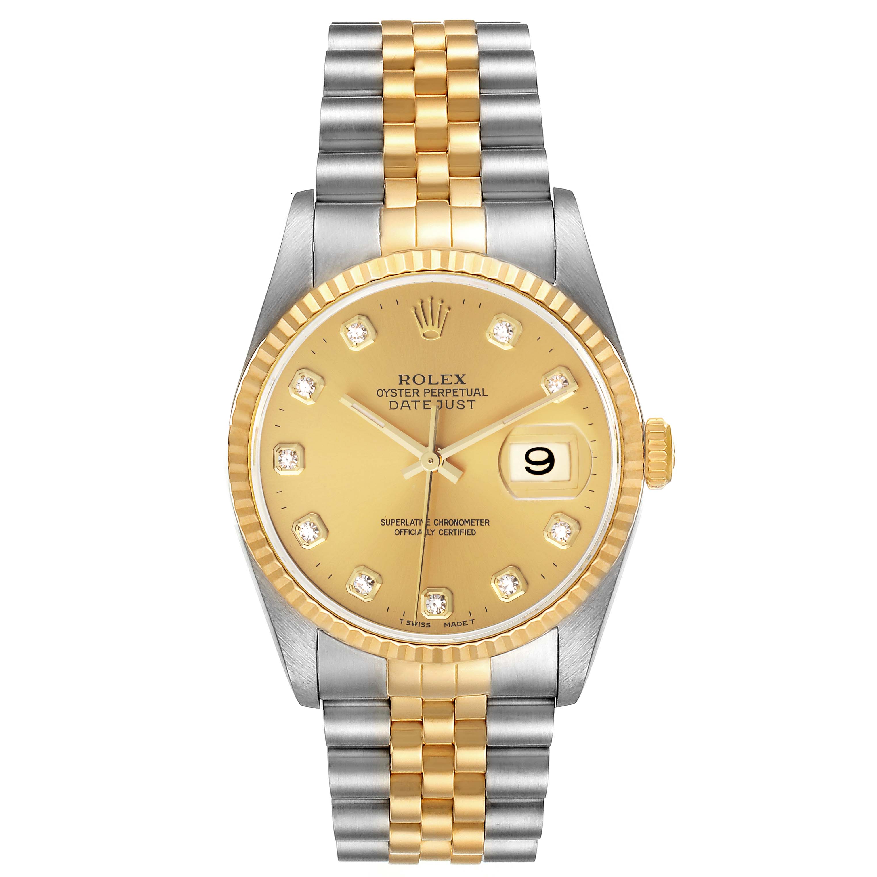 This image shows a Rolex Datejust 16233 Men's Steel and Gold (two tone) Champagne Dial 16233 Men's Steel and Gold (two tone) Champagne Dial watch front-on, displaying the two-tone bracelet, gold dial, date window, and diamond hour markers.